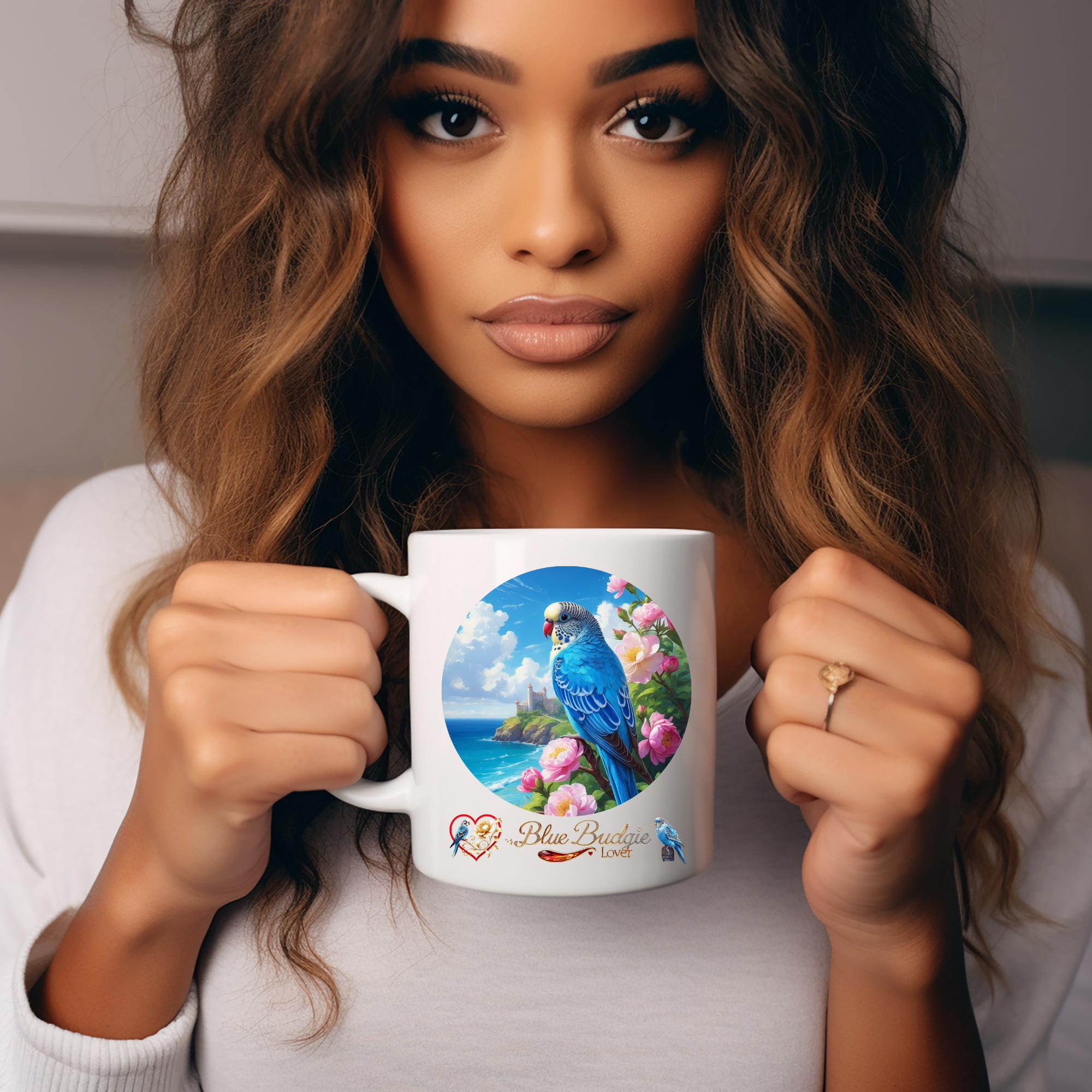 Blue Budgie Lover Floral Lake Mug