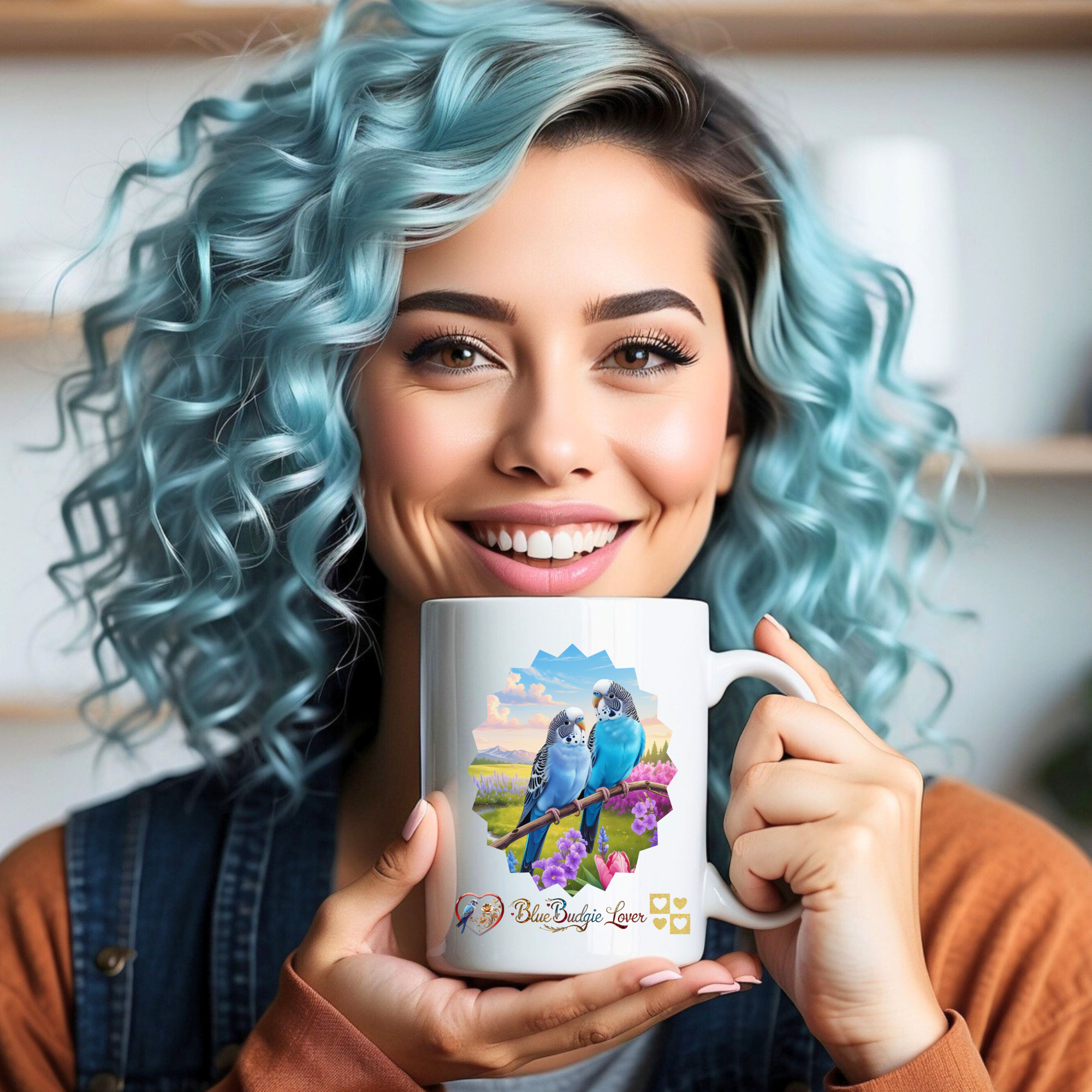 Blue Budgie Lover Floral Scenic Mug