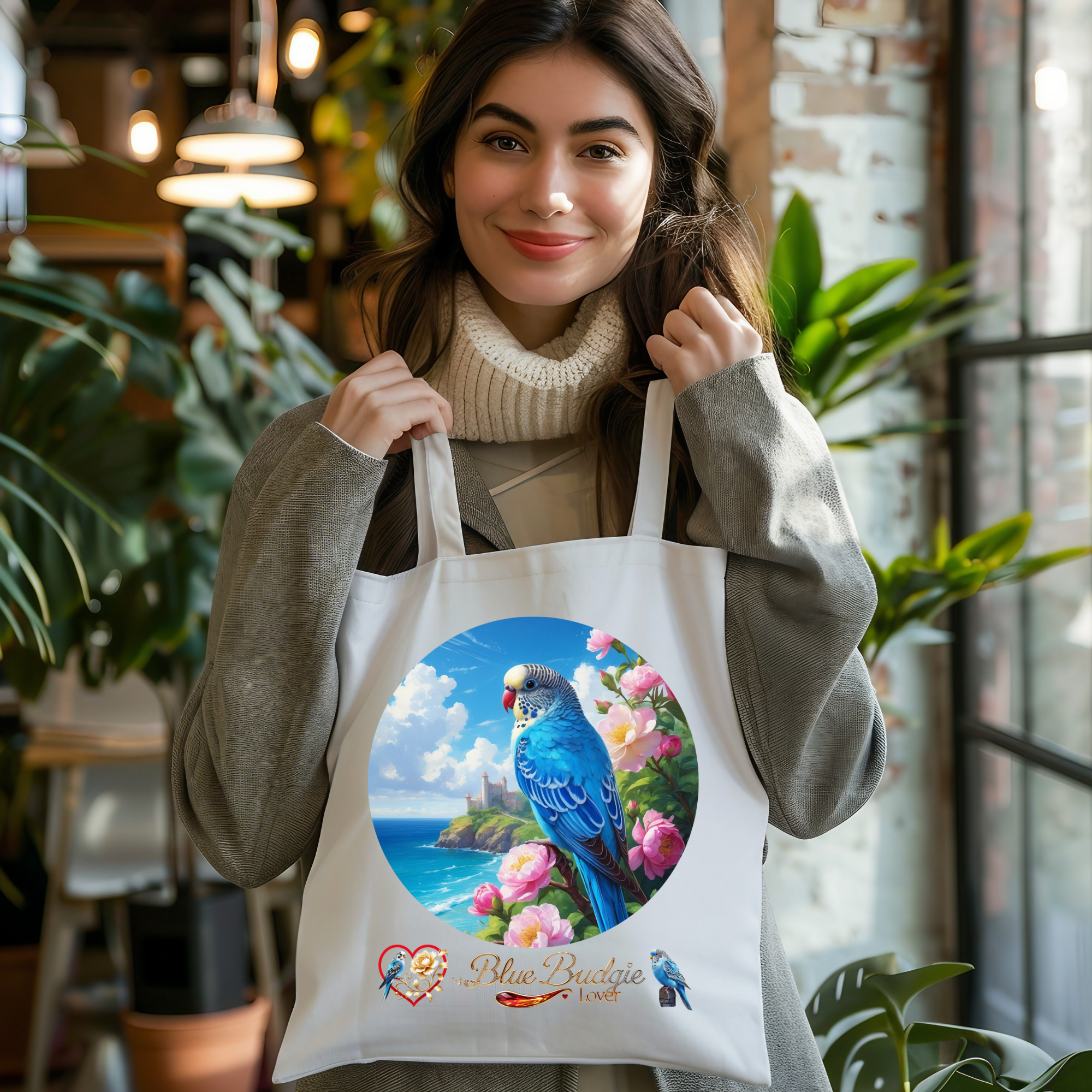 Blue Budgie Lover Floral Lake Tote Bag
