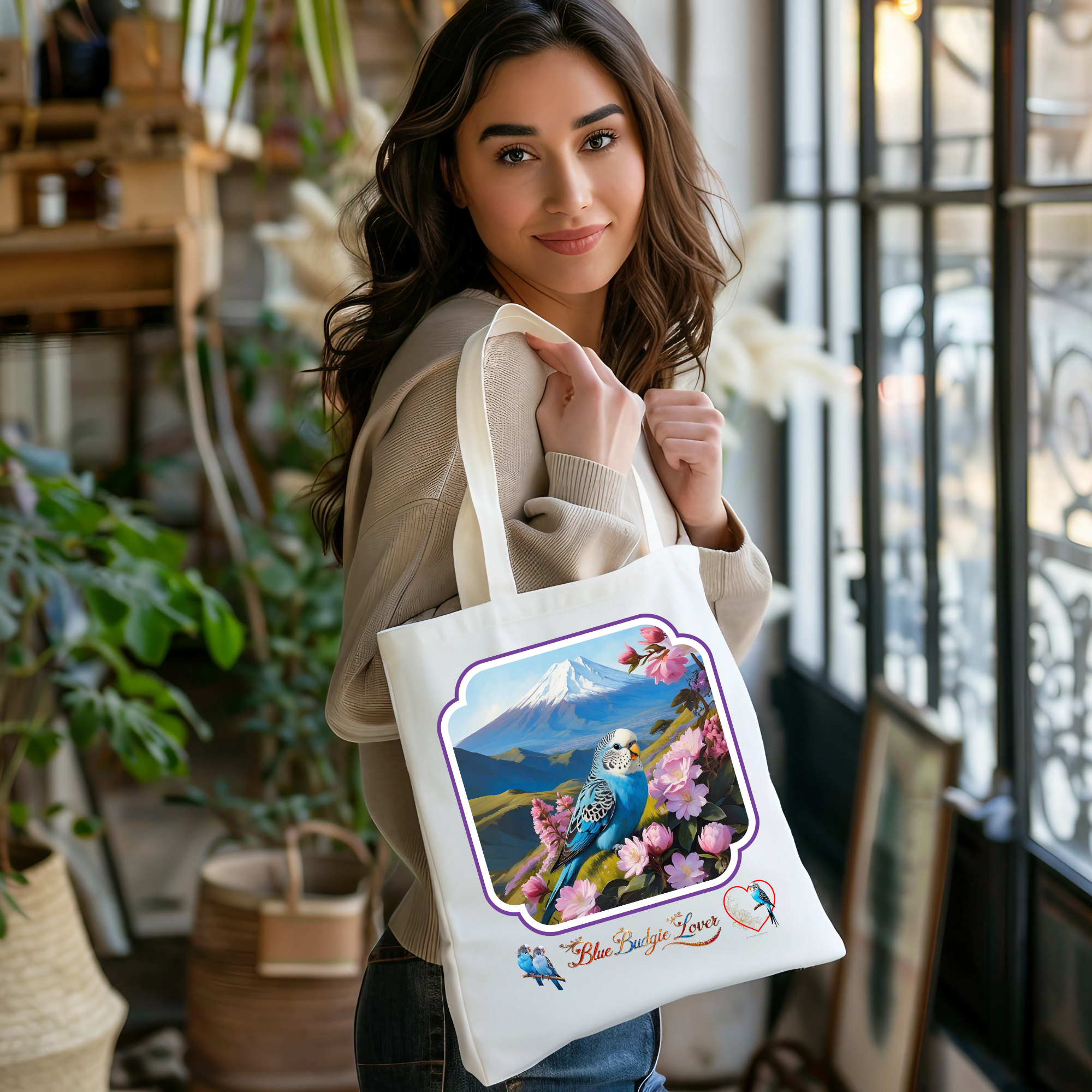 Blue Budgie Lover Floral Scenic Tote Bag