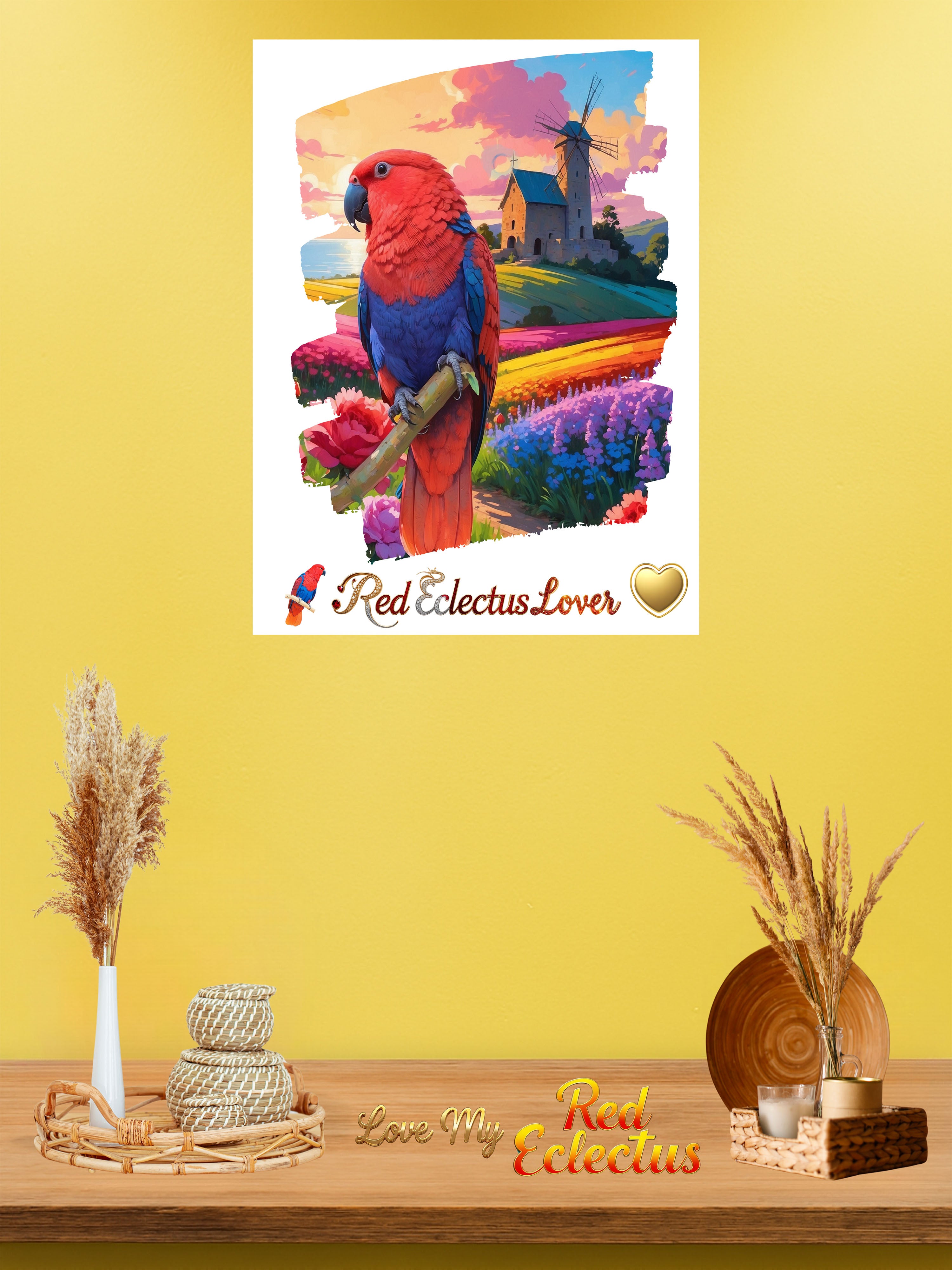 Red Eclectus Lover Flower Field Wall-Hanging