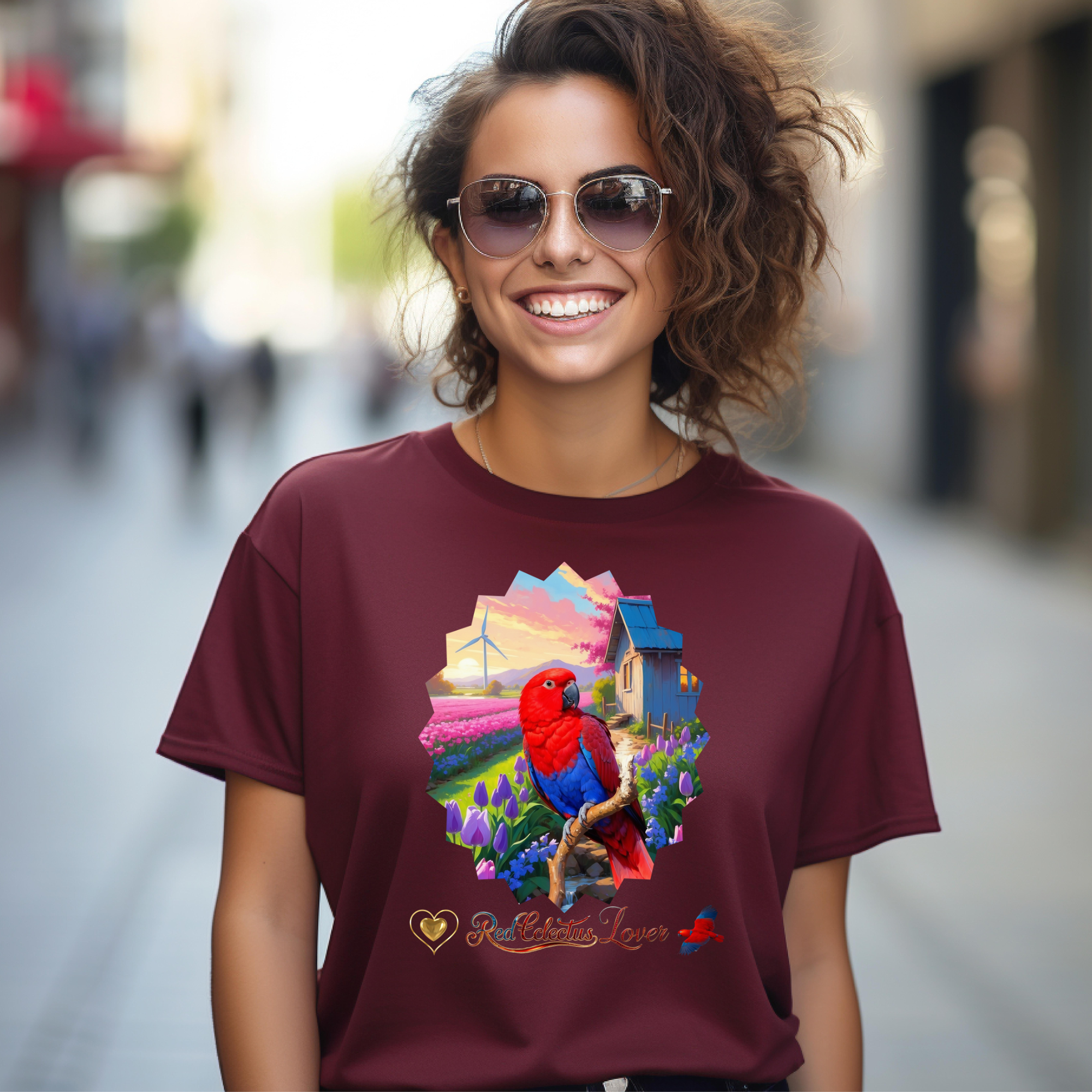 Red Eclectus Lover Floral Scenic T-Shirt