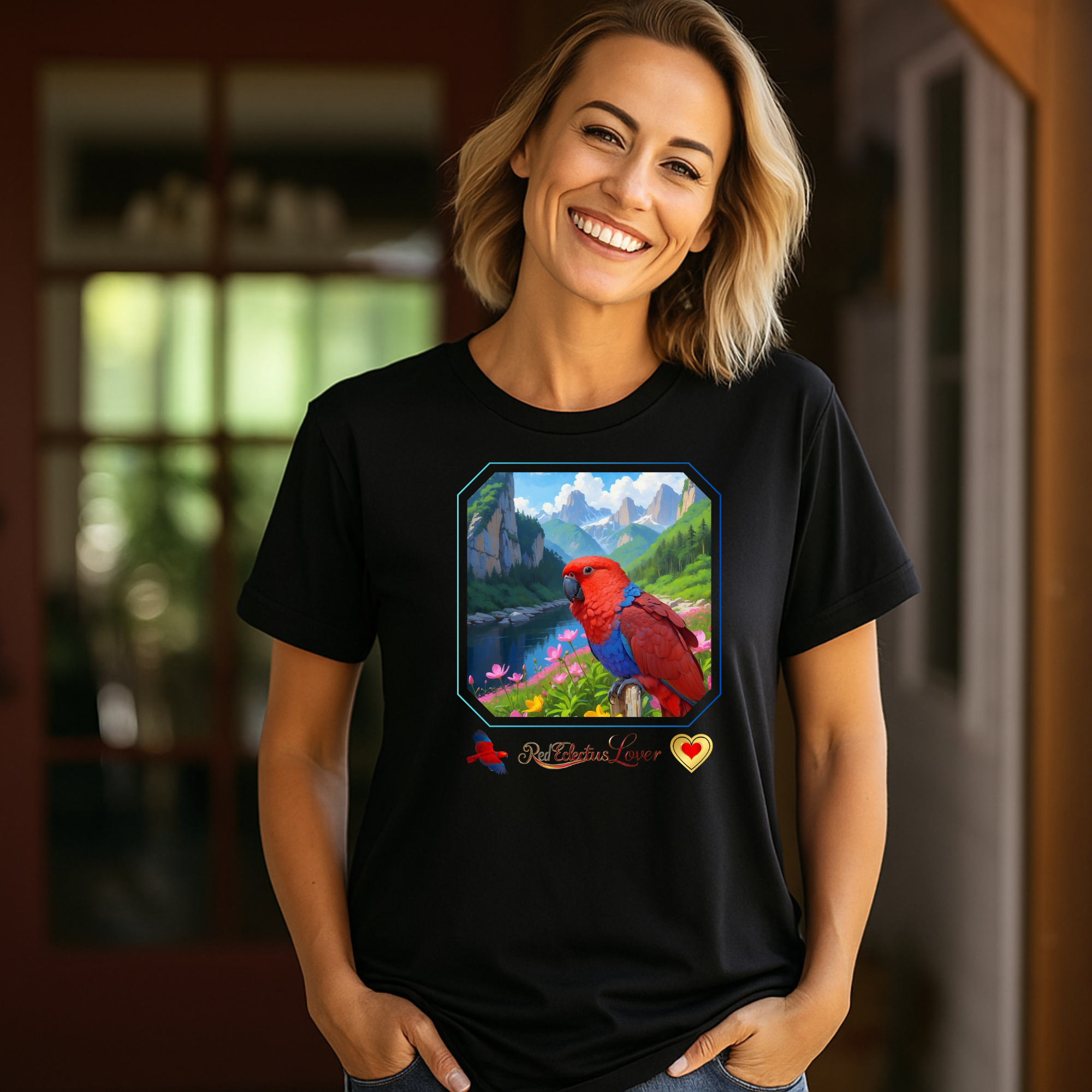 Red Eclectus Lover Lake Floral T-Shirt