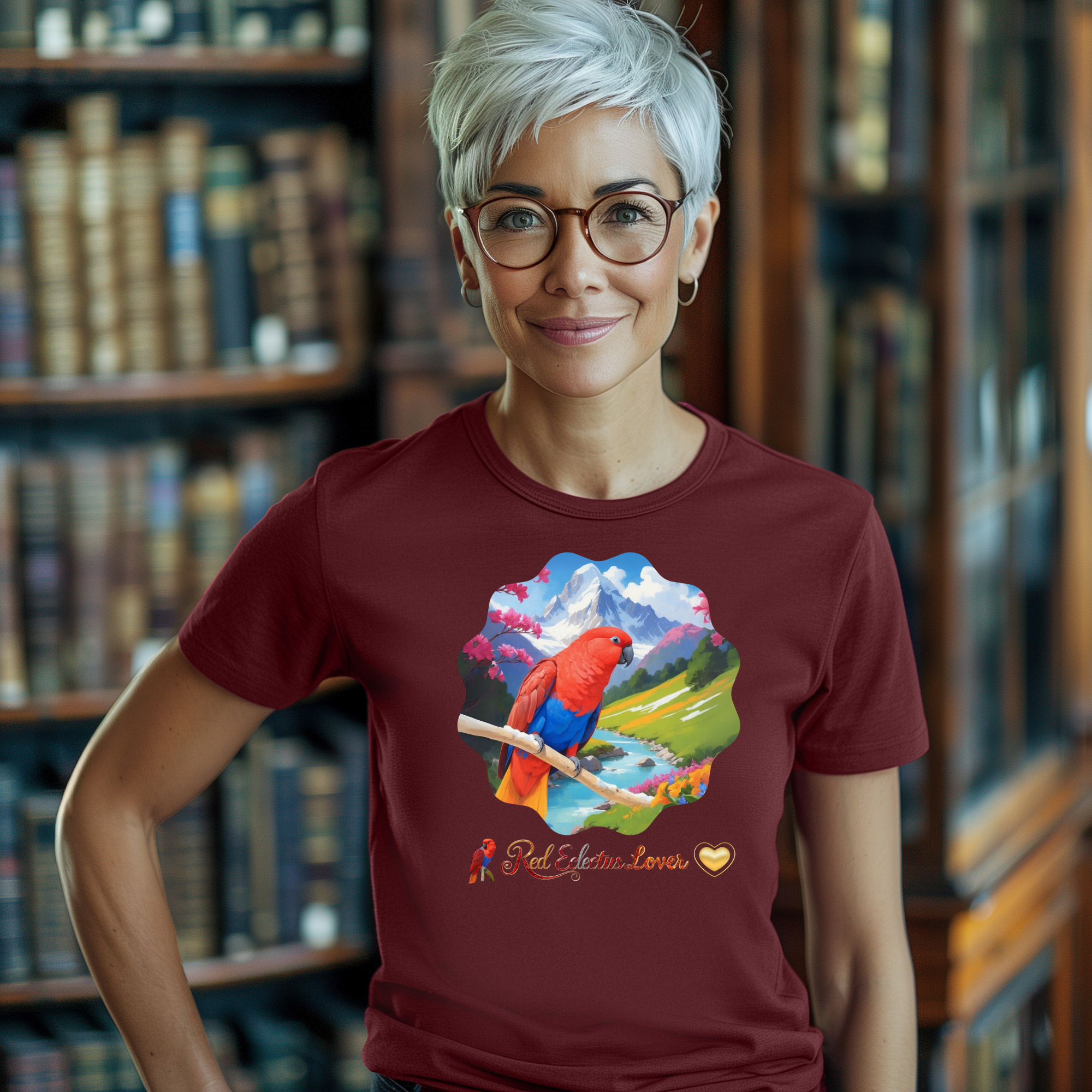 Red Eclectus Lover Mountain Lake T-Shirt