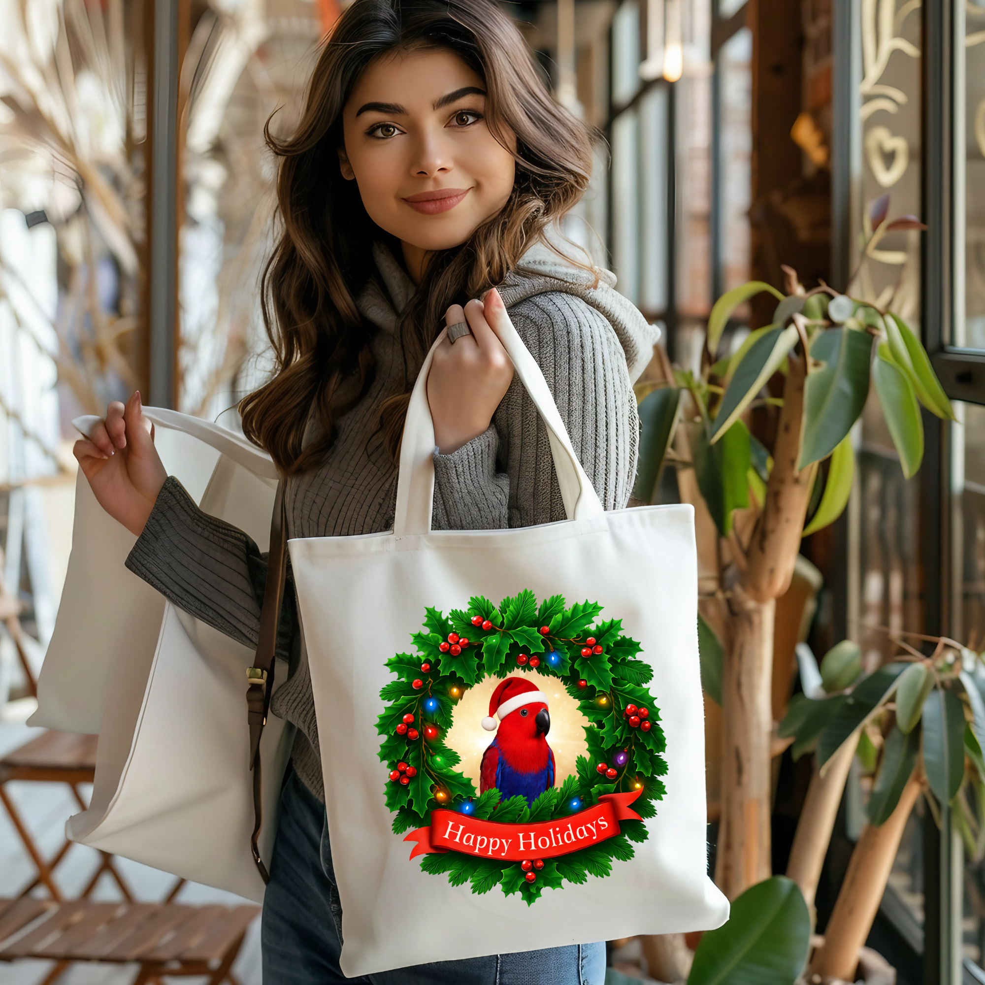 Christmas Happy Holidays Red Eclectus Tote Bag