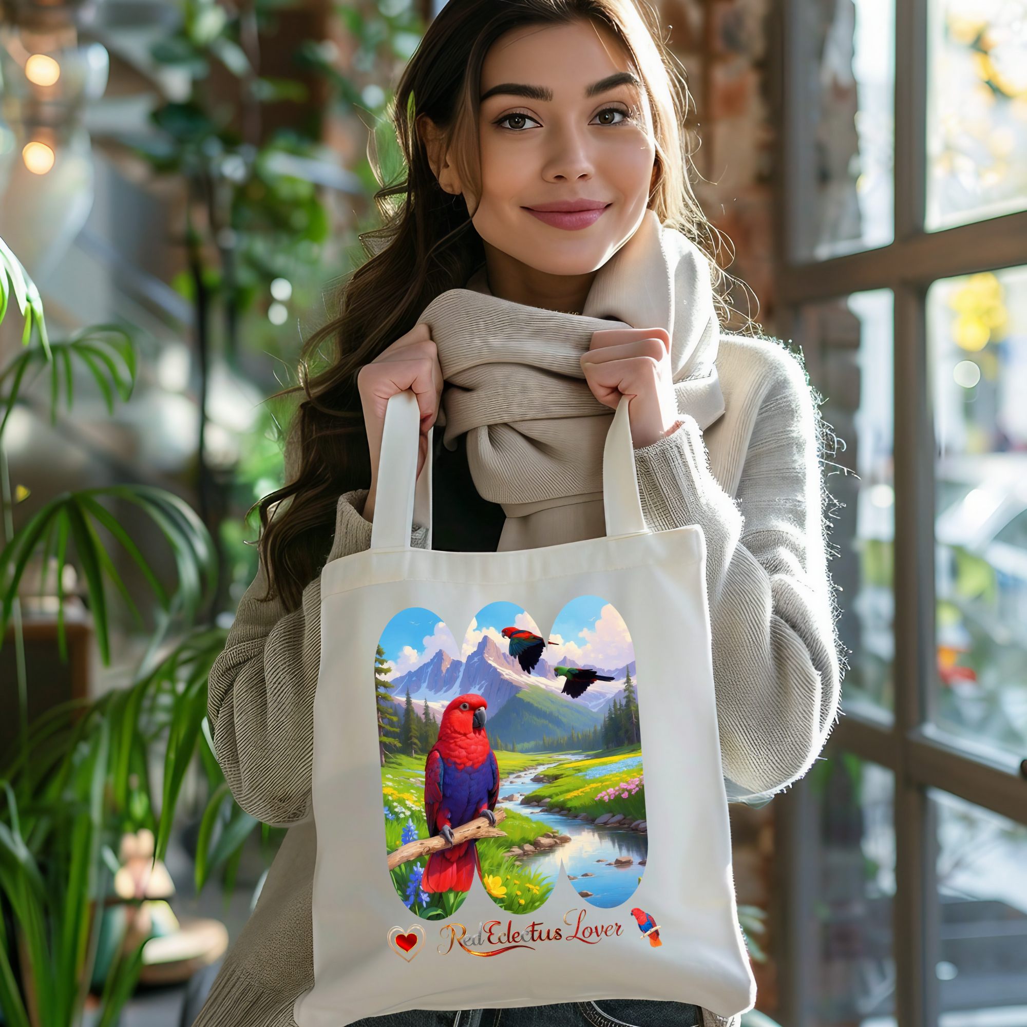 Red Eclectus Lover Lake Scenic Tote Bag