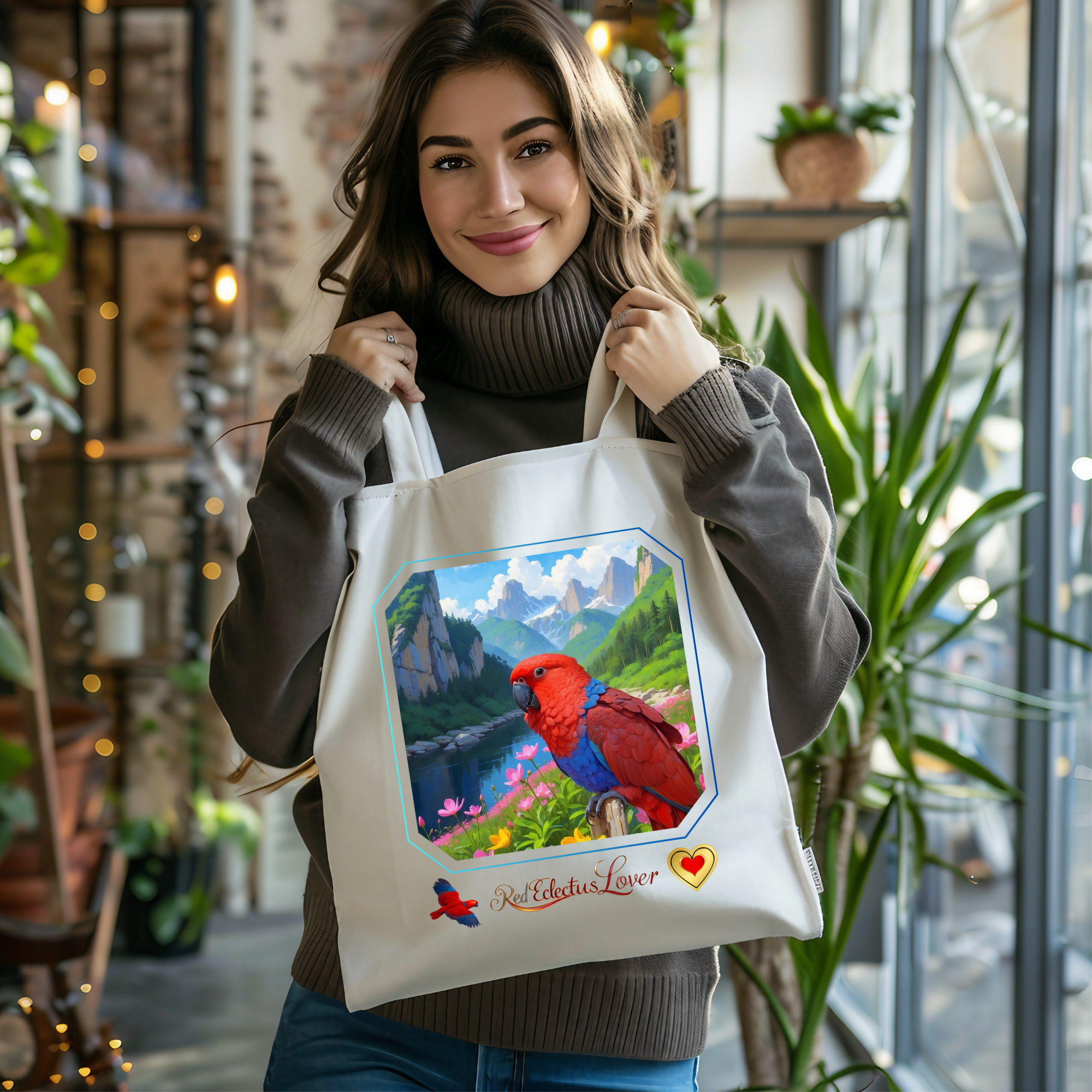 Floral Red Eclectus Lover Tote Bag