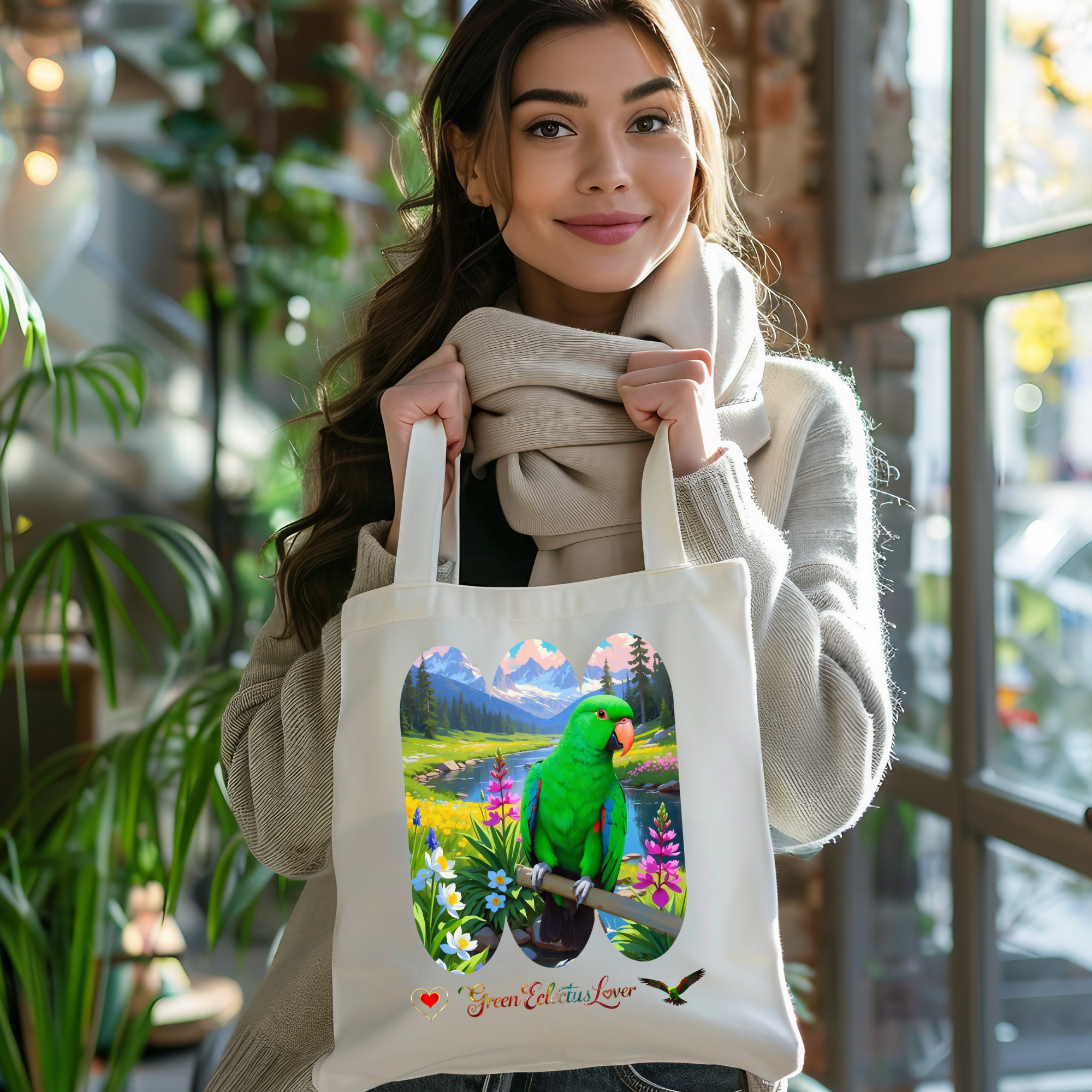 Green Ecletus Lover Lake Scenic Tote Bag