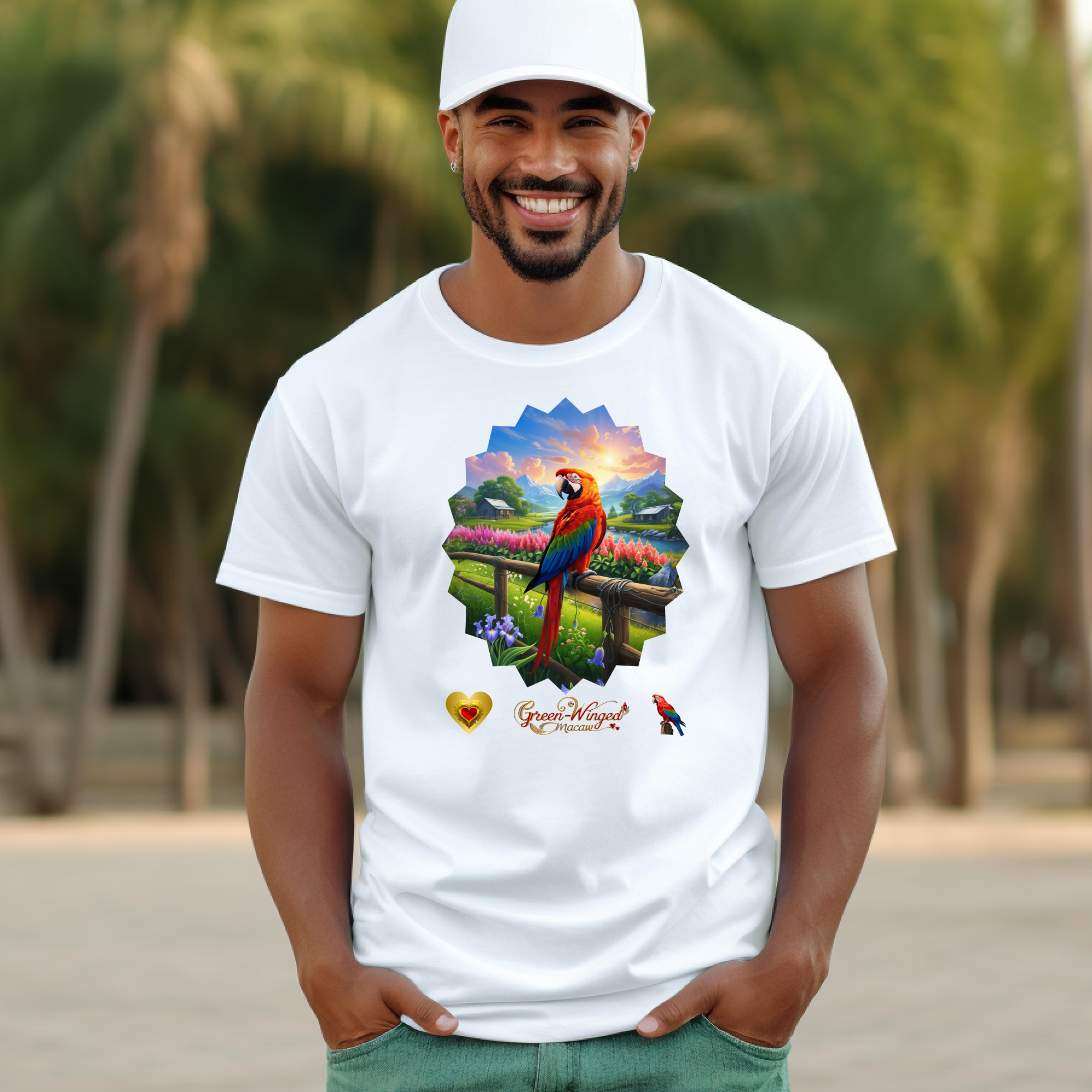 Green Winged Macaw Floral Scenic T-Shirt