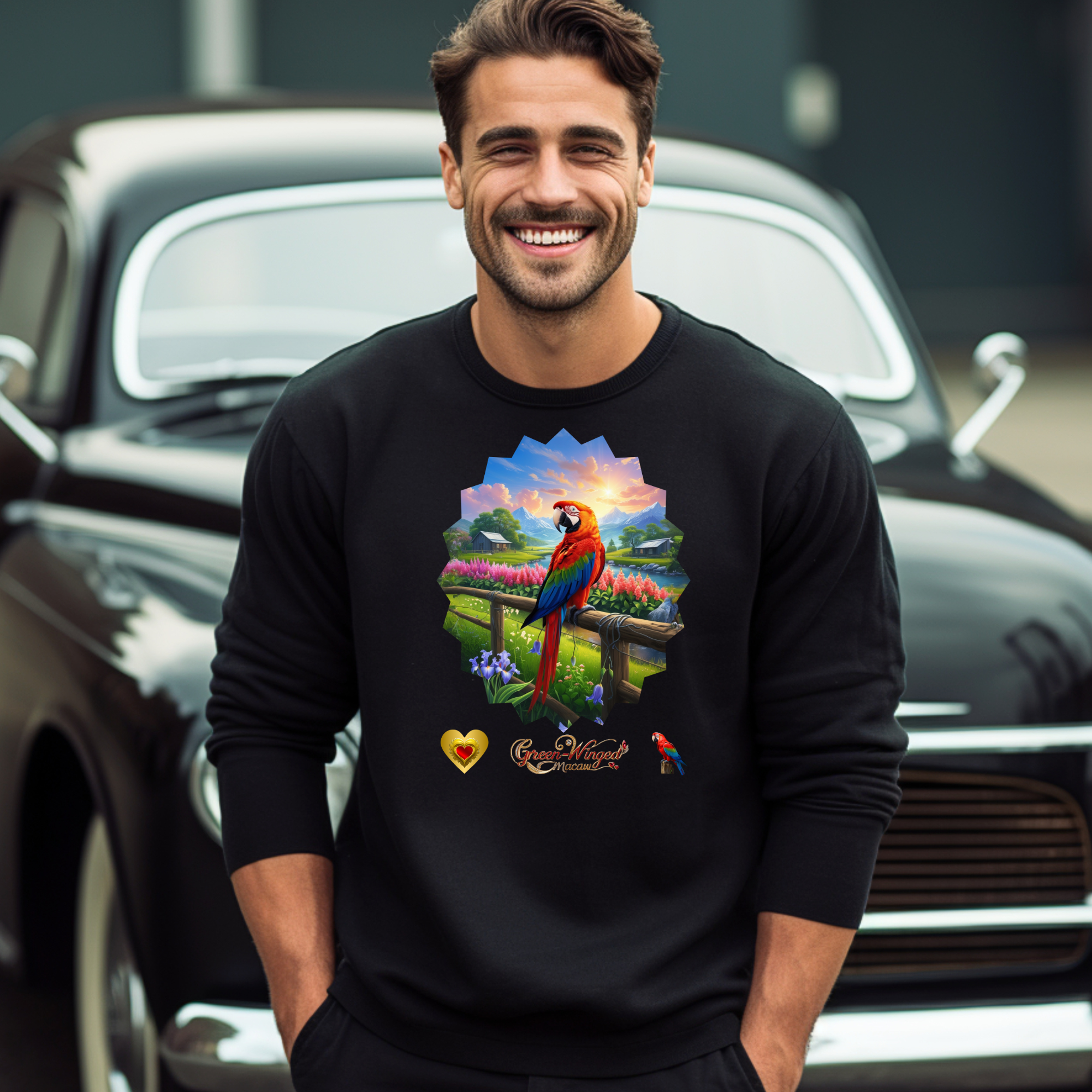Green-Winged Macaw Floral Scenic Sweatshirt