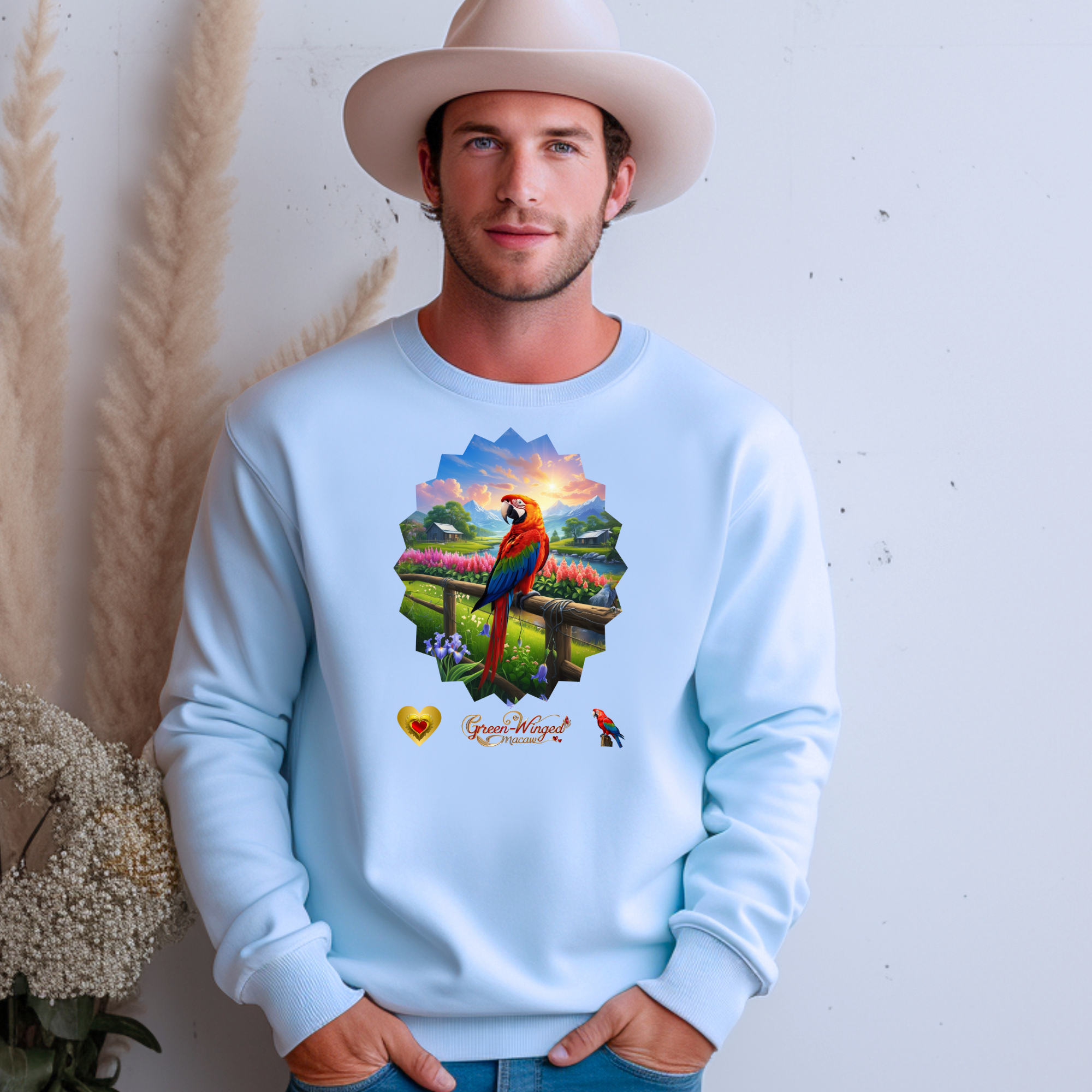 Green-Winged Macaw Floral Scenic Sweatshirt