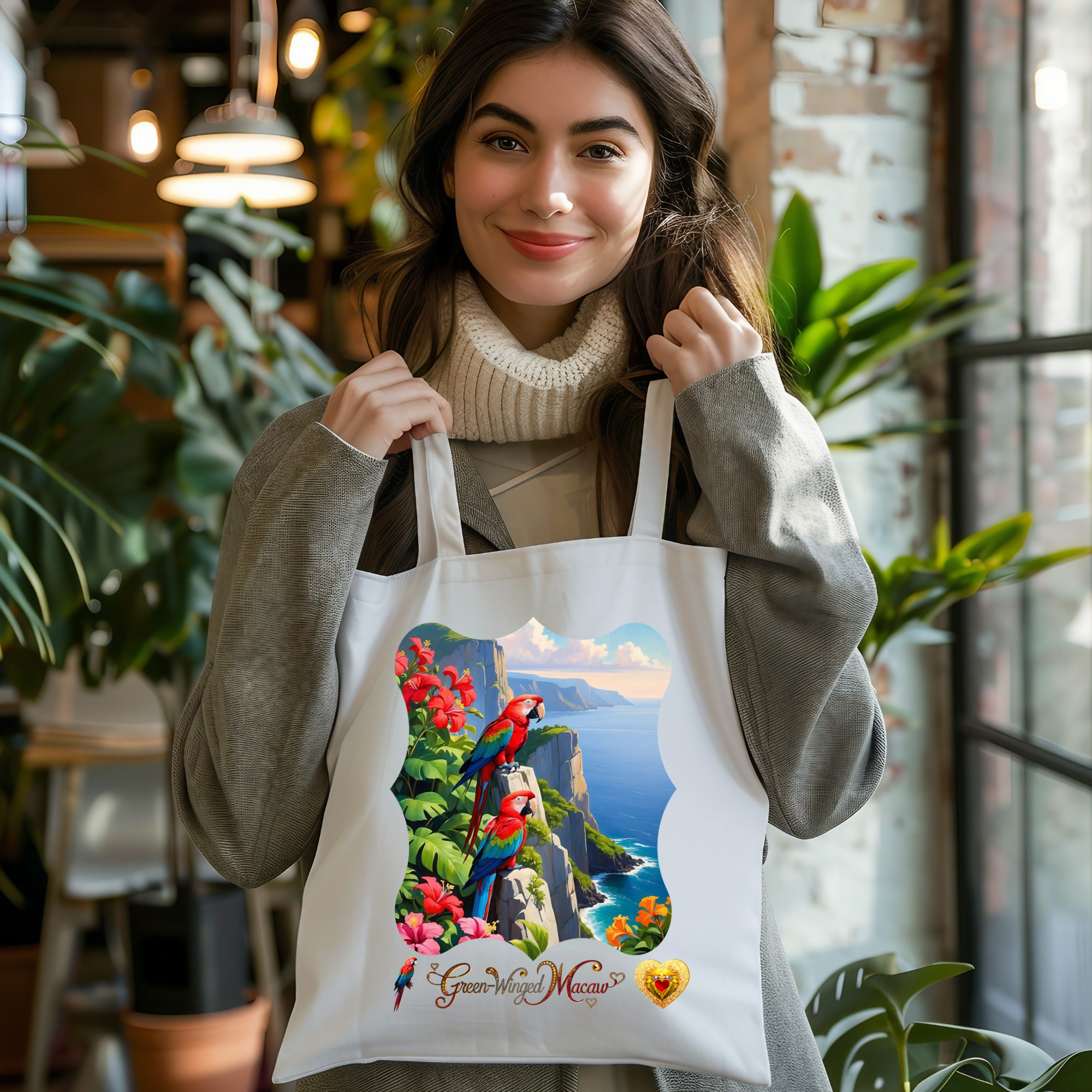 Green Winged Macaw Mountain Lake Tote Bag