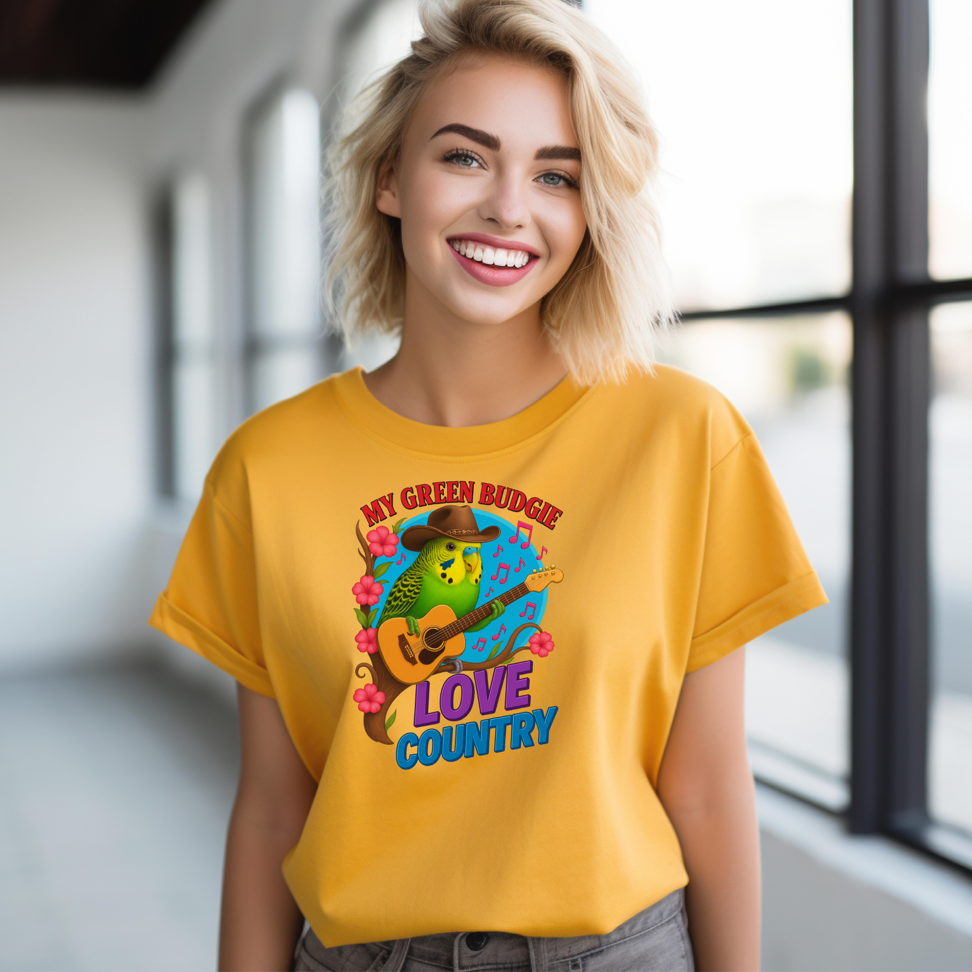 Green Budgie Loves Country T-Shirt