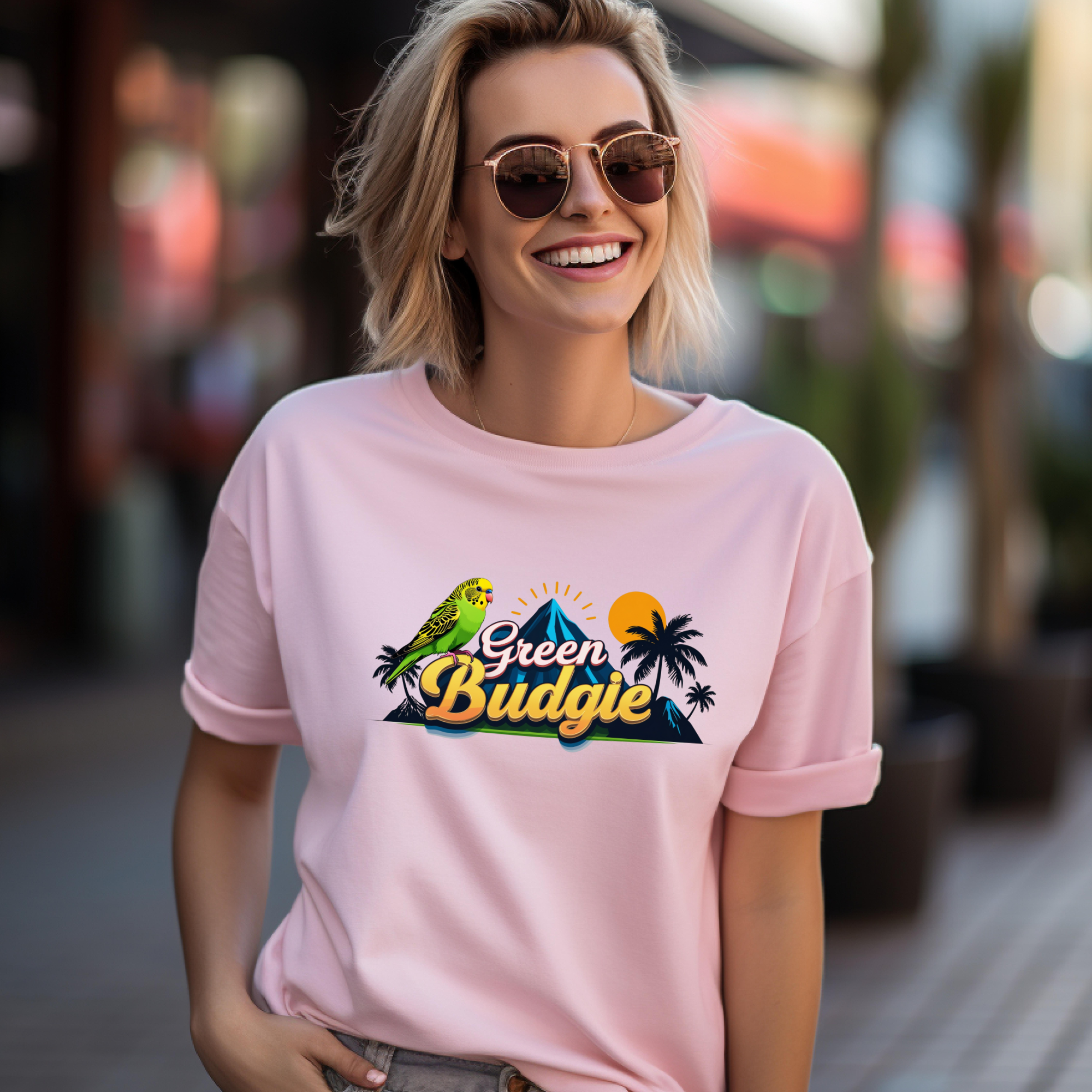 Green Budgie Sunset Island T-Shirt
