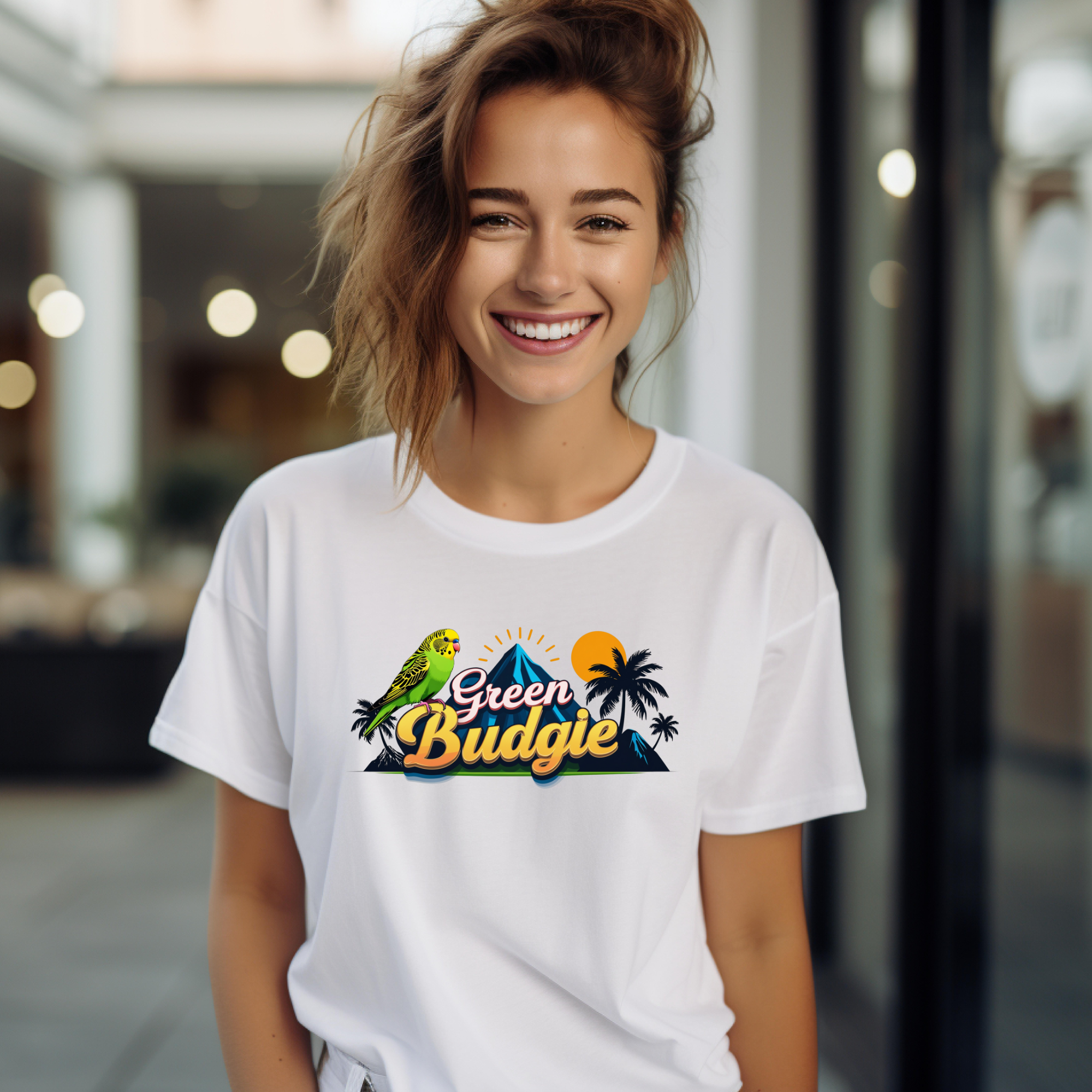 Green Budgie Sunset Island T-Shirt