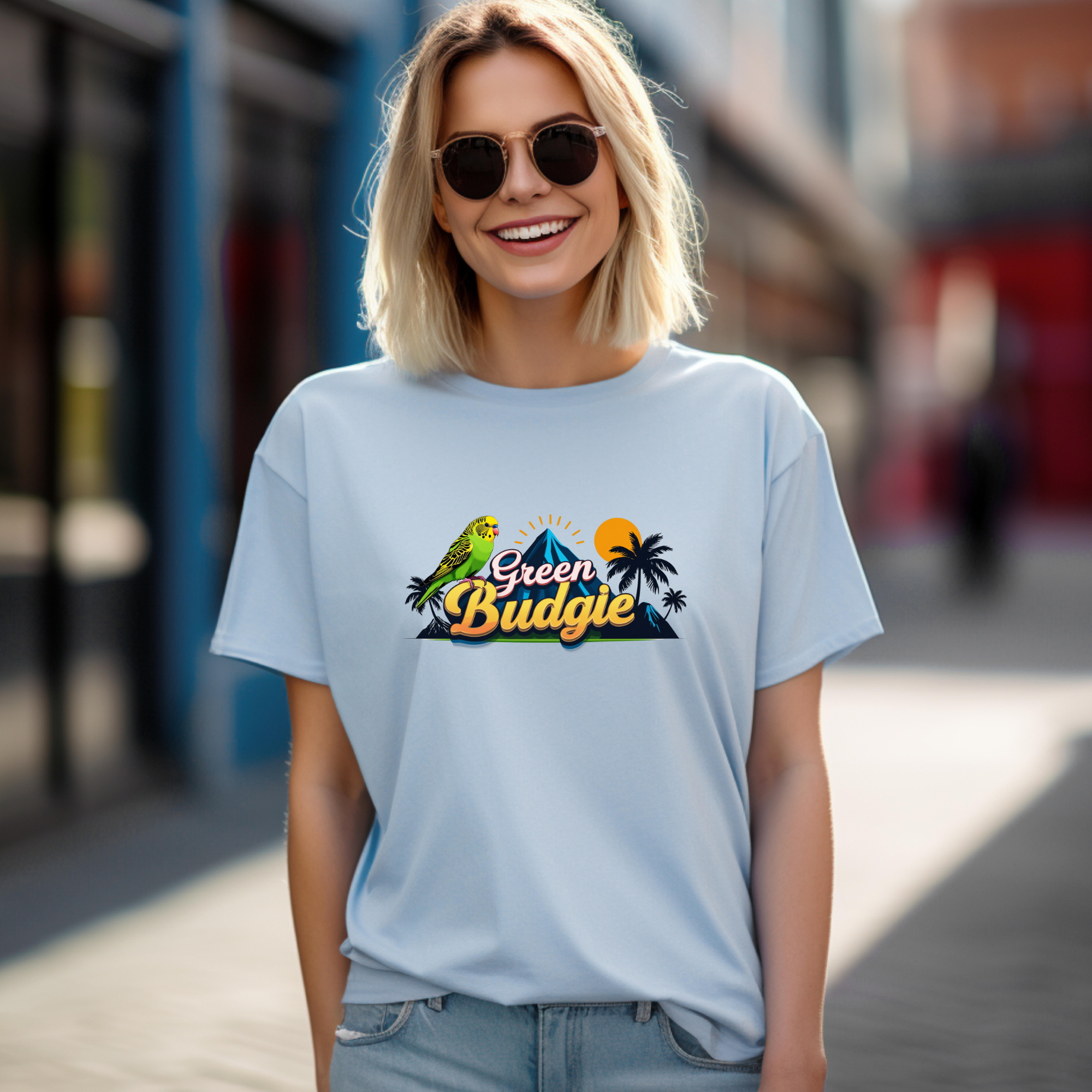 Green Budgie Sunset Island T-Shirt