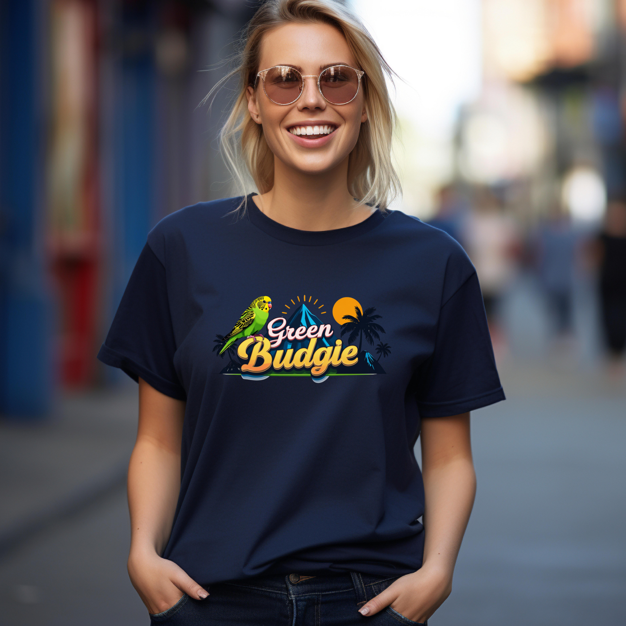 Green Budgie Sunset Island T-Shirt