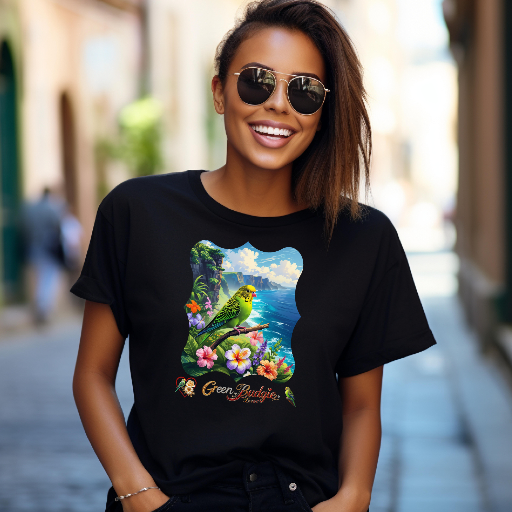 Green Budgie Lover Floral T-Shirt