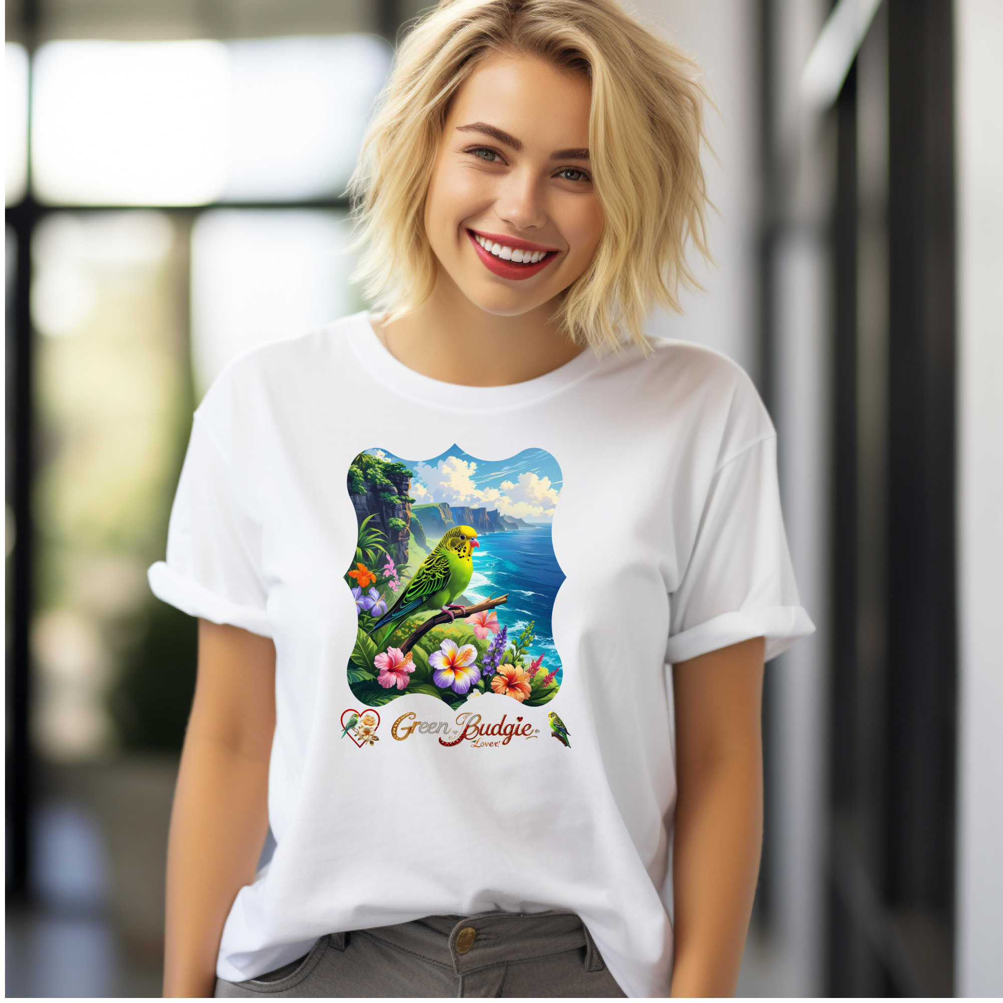 Green Budgie Lover Floral T-Shirt