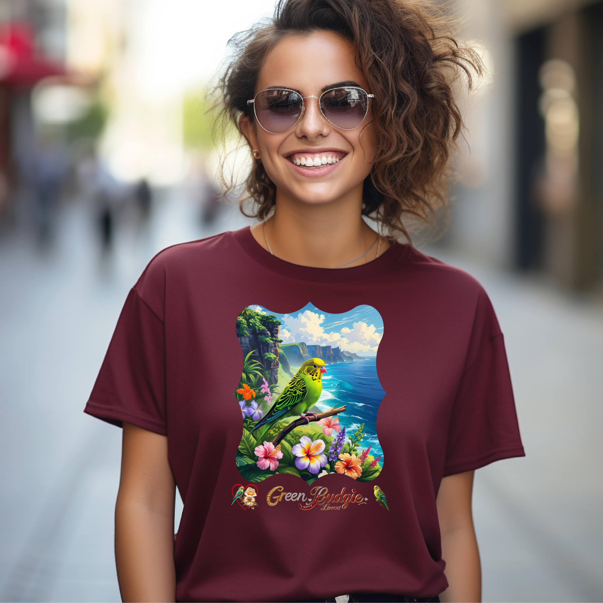 Green Budgie Lover Floral T-Shirt