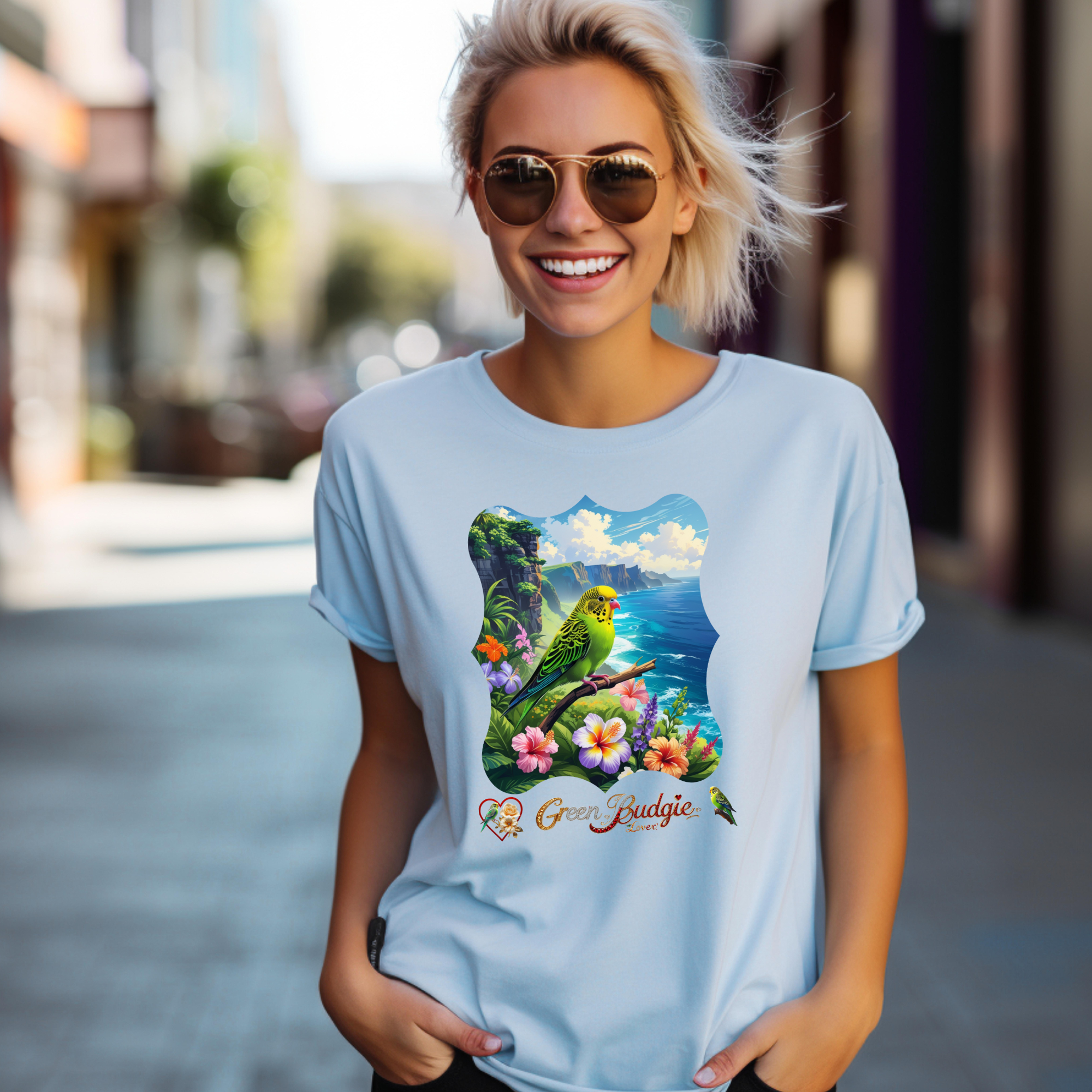 Green Budgie Lover Floral T-Shirt