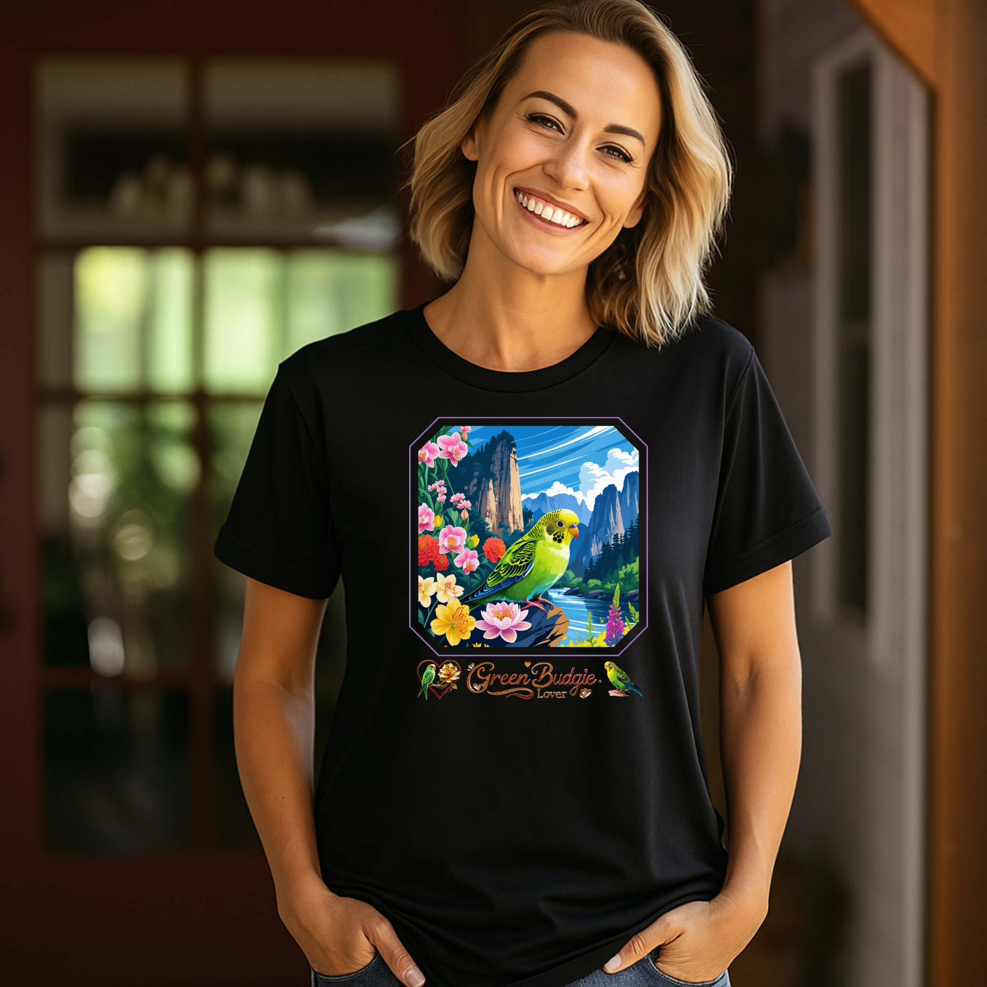 Floral Green Budgie Lover T-Shirt