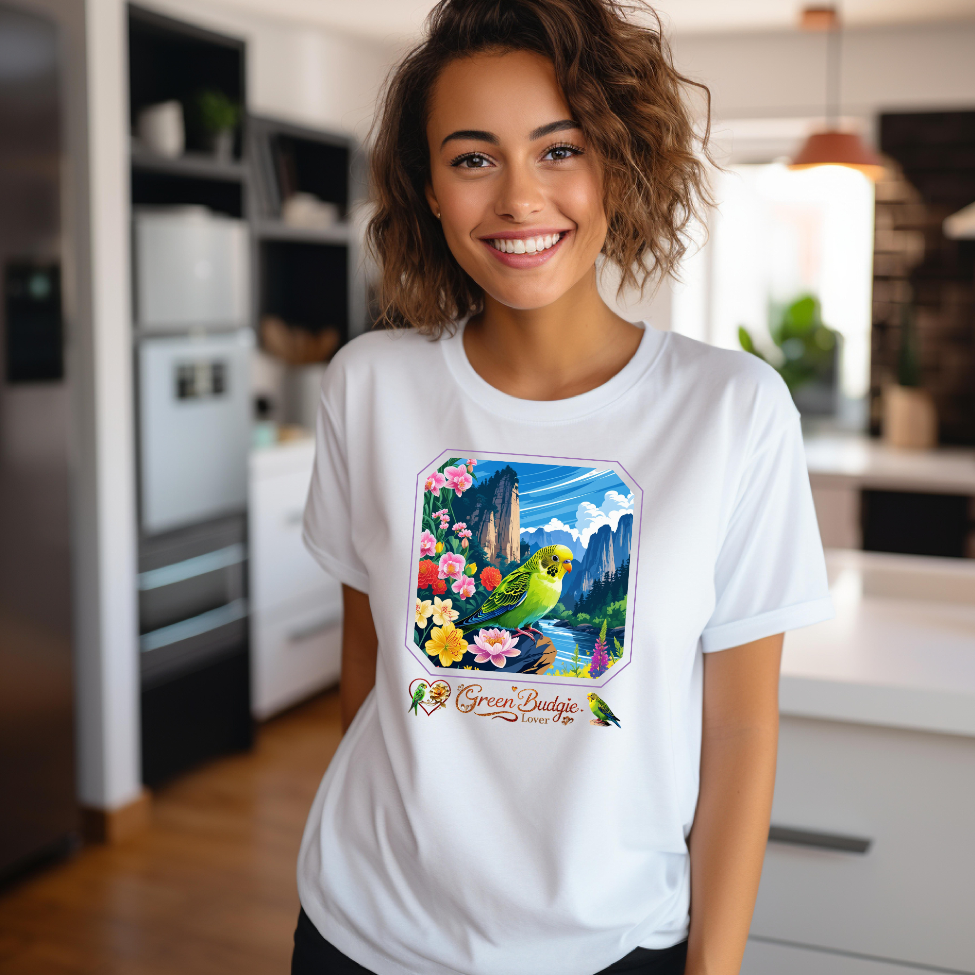 Floral Green Budgie Lover T-Shirt