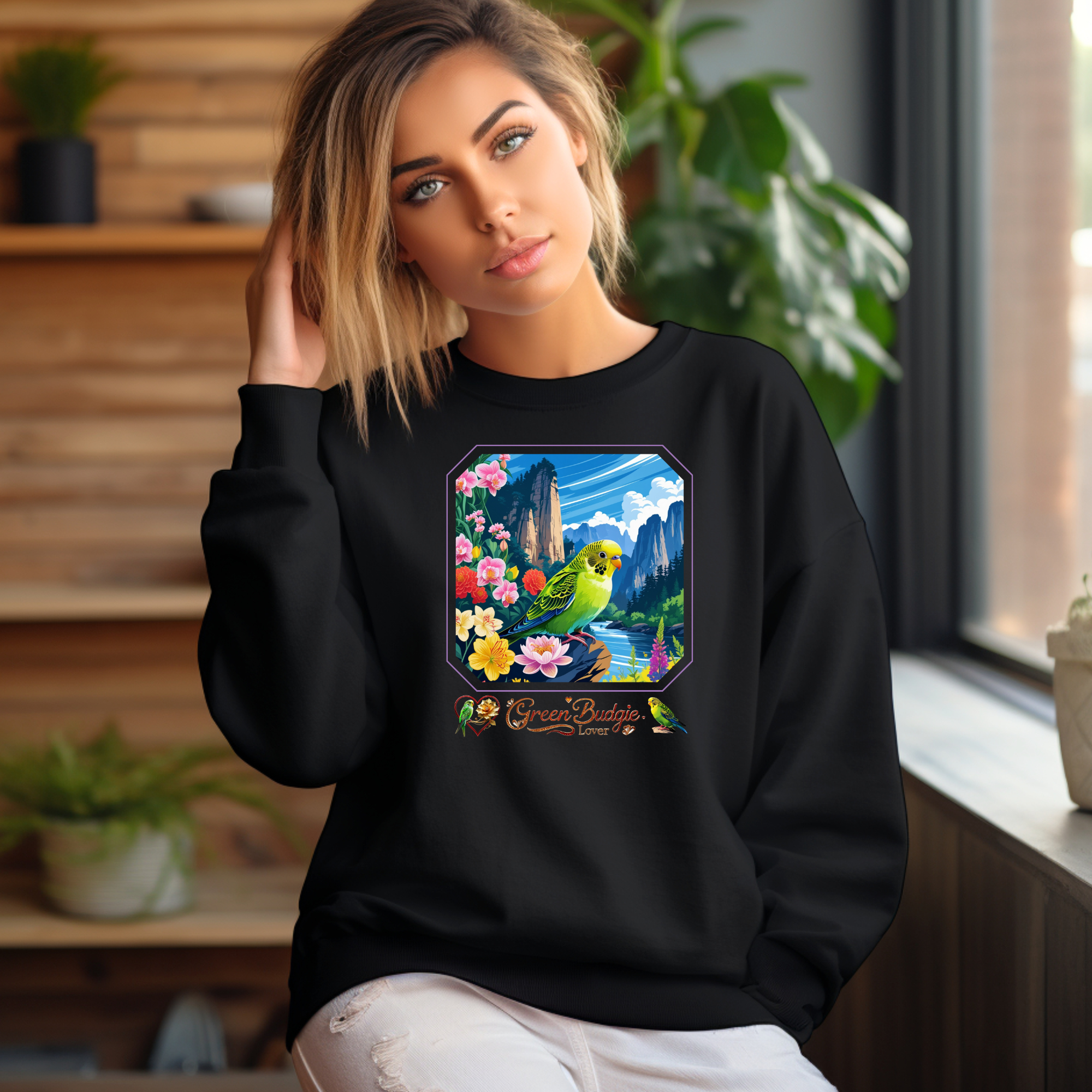 Floral Green Budgie Lover Sweatshirt