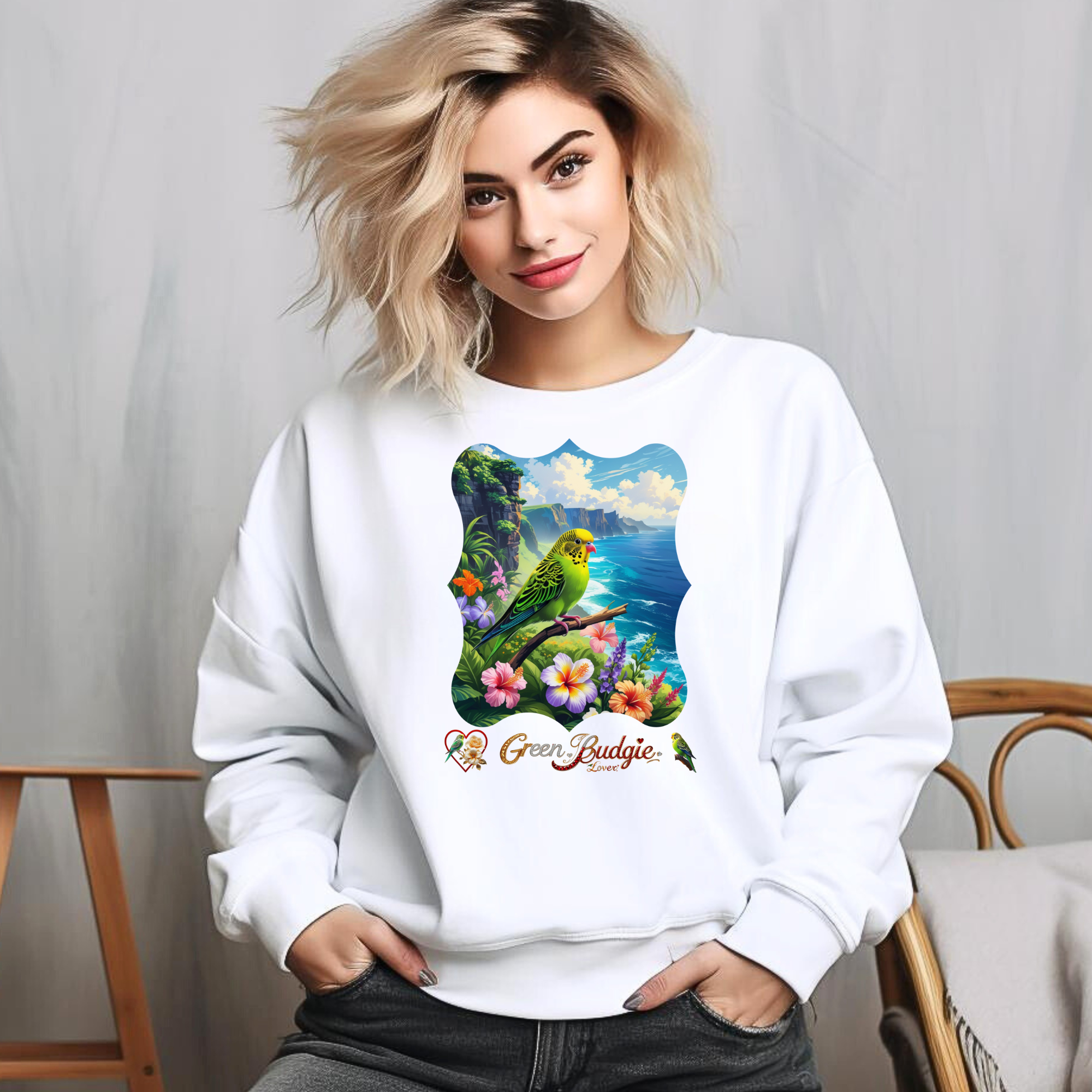 Green Budgie Lover Floral Sweatshirt