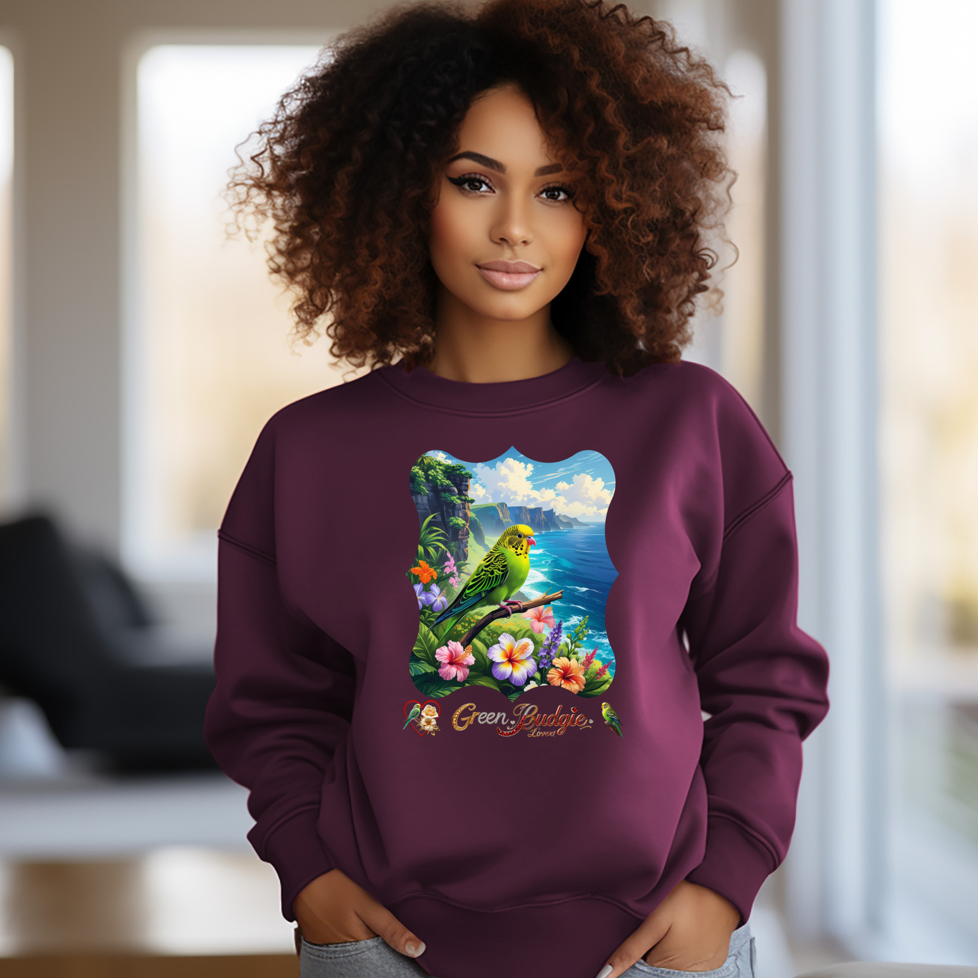 Green Budgie Lover Floral Sweatshirt