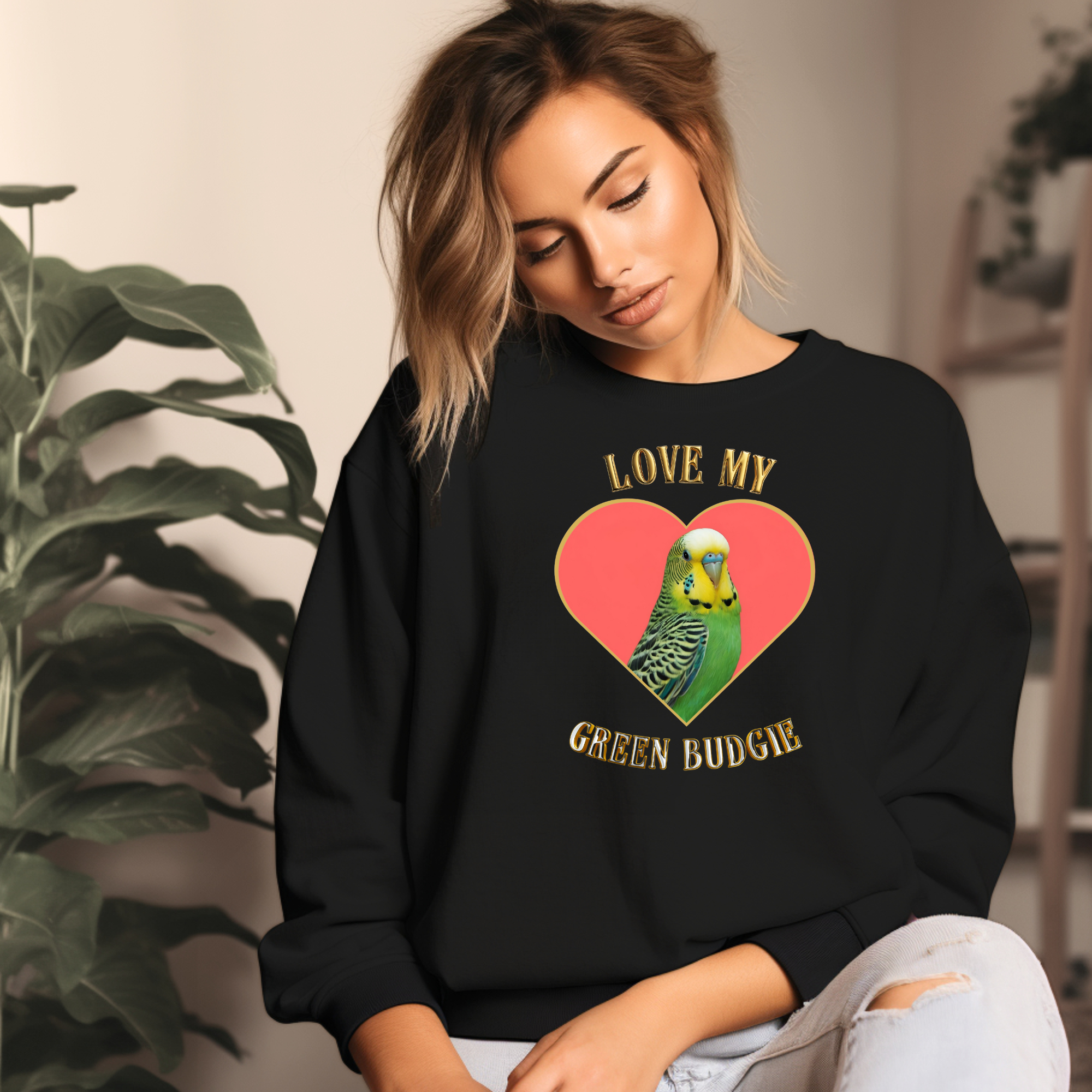 Love My Green Budgie Heart Sweatshirt