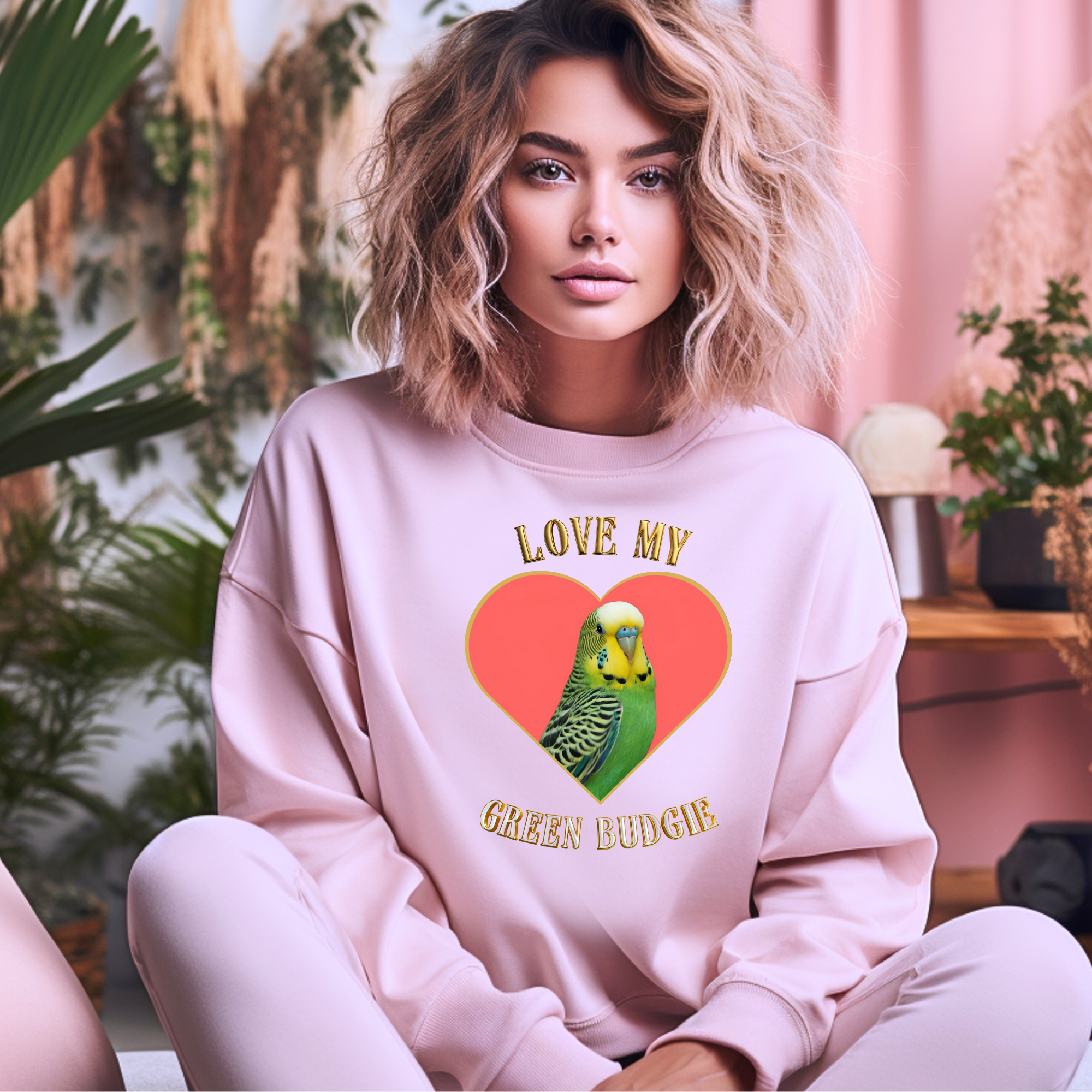 Love My Green Budgie Heart Sweatshirt
