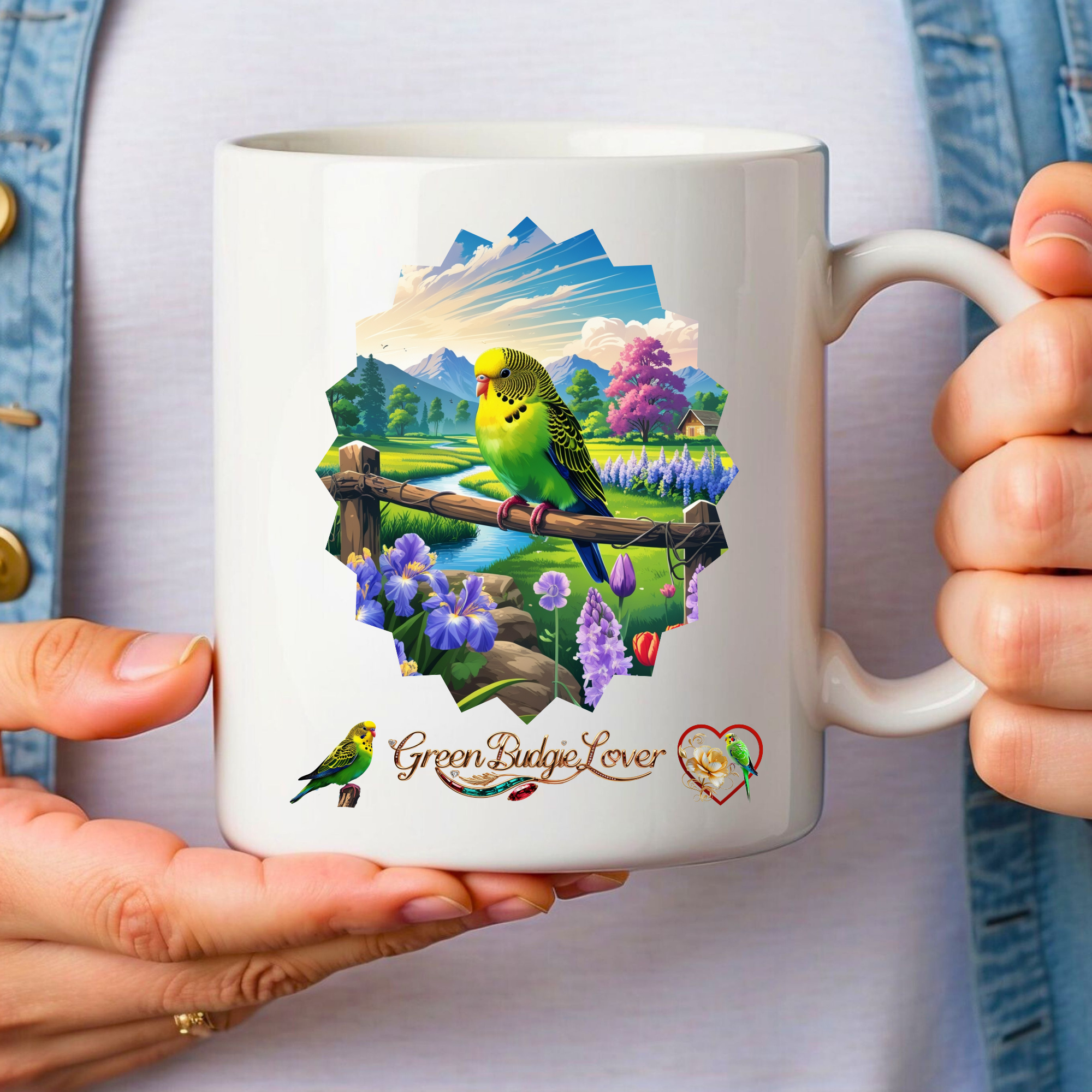 Green Budgie Lover Floral Scenic Mug