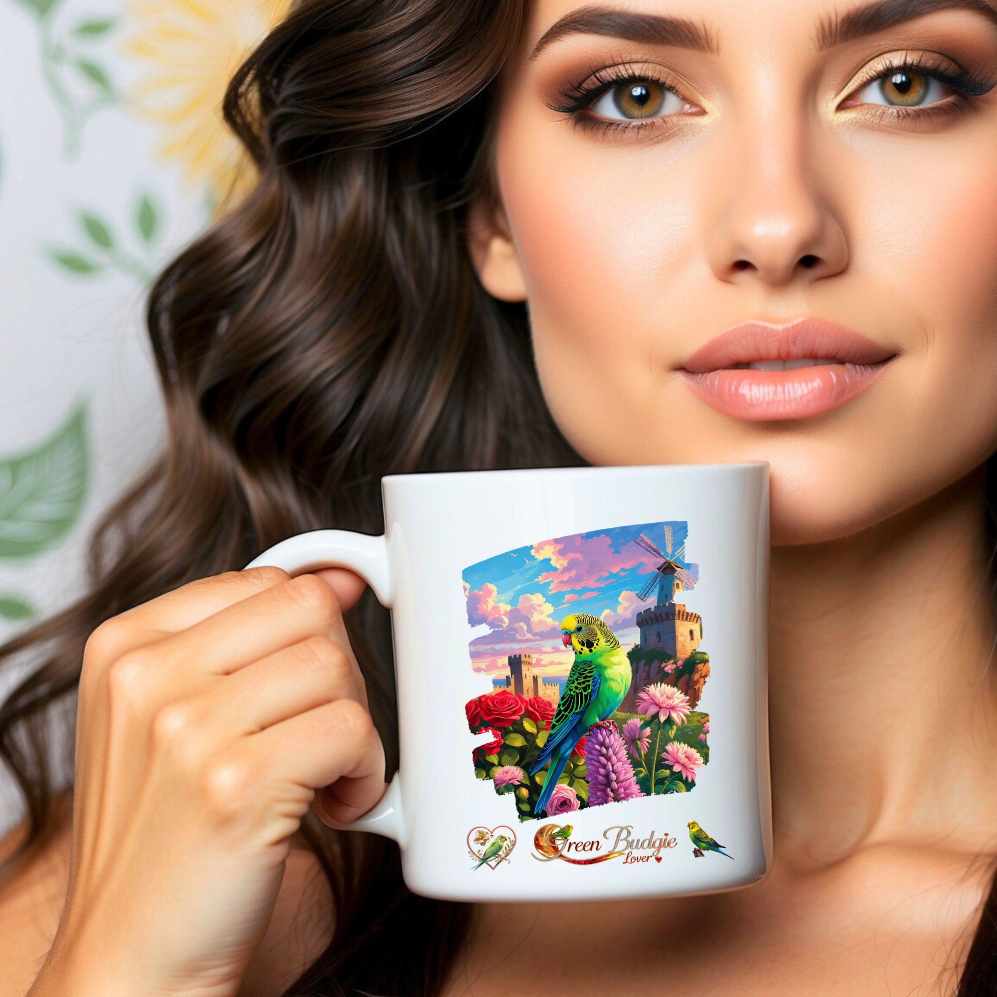 Green Budgie Lover Floral Mug