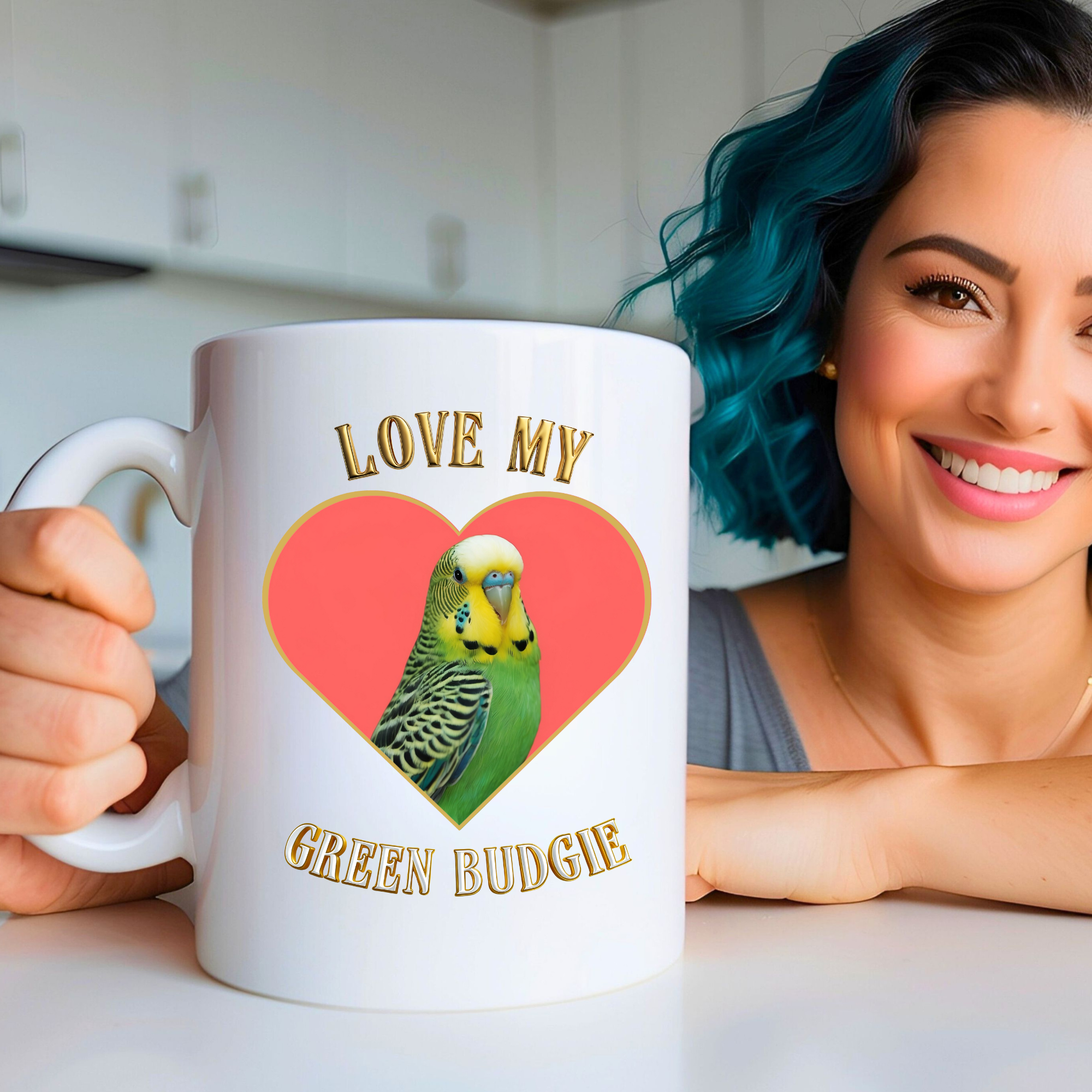 Love My Green Budgie Heart Mug