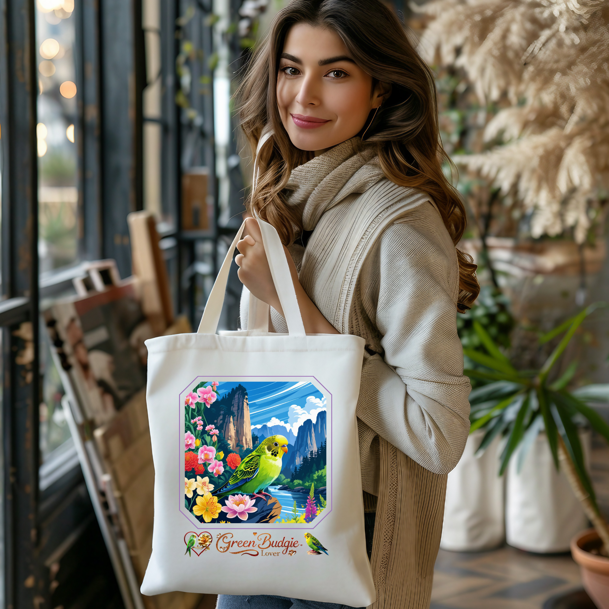 Green Budgie Lover Floral Tote Bag