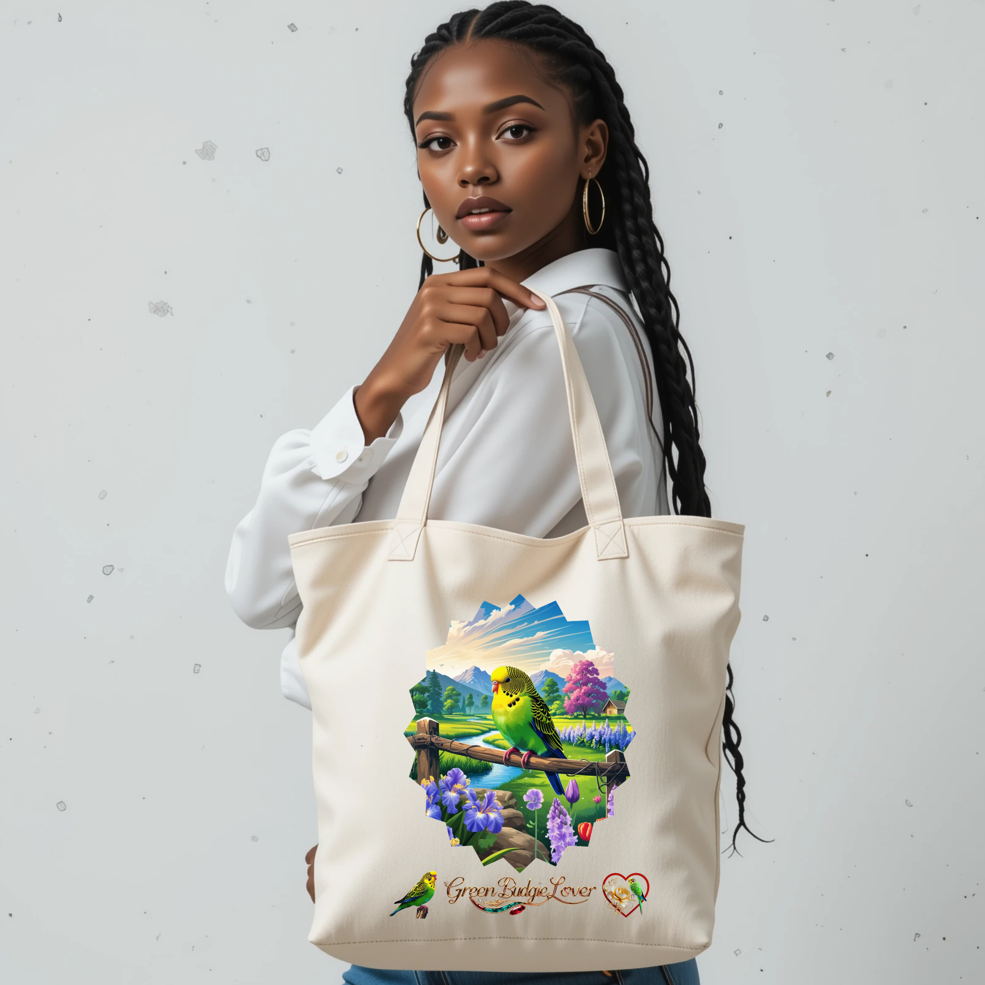 Floral Green Budgie Lover Tote Bag