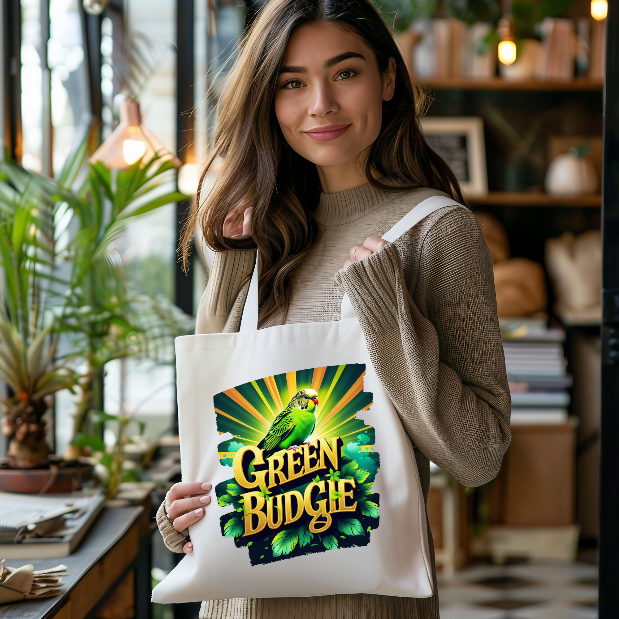 Green Budgie Sunburst Tote Bag