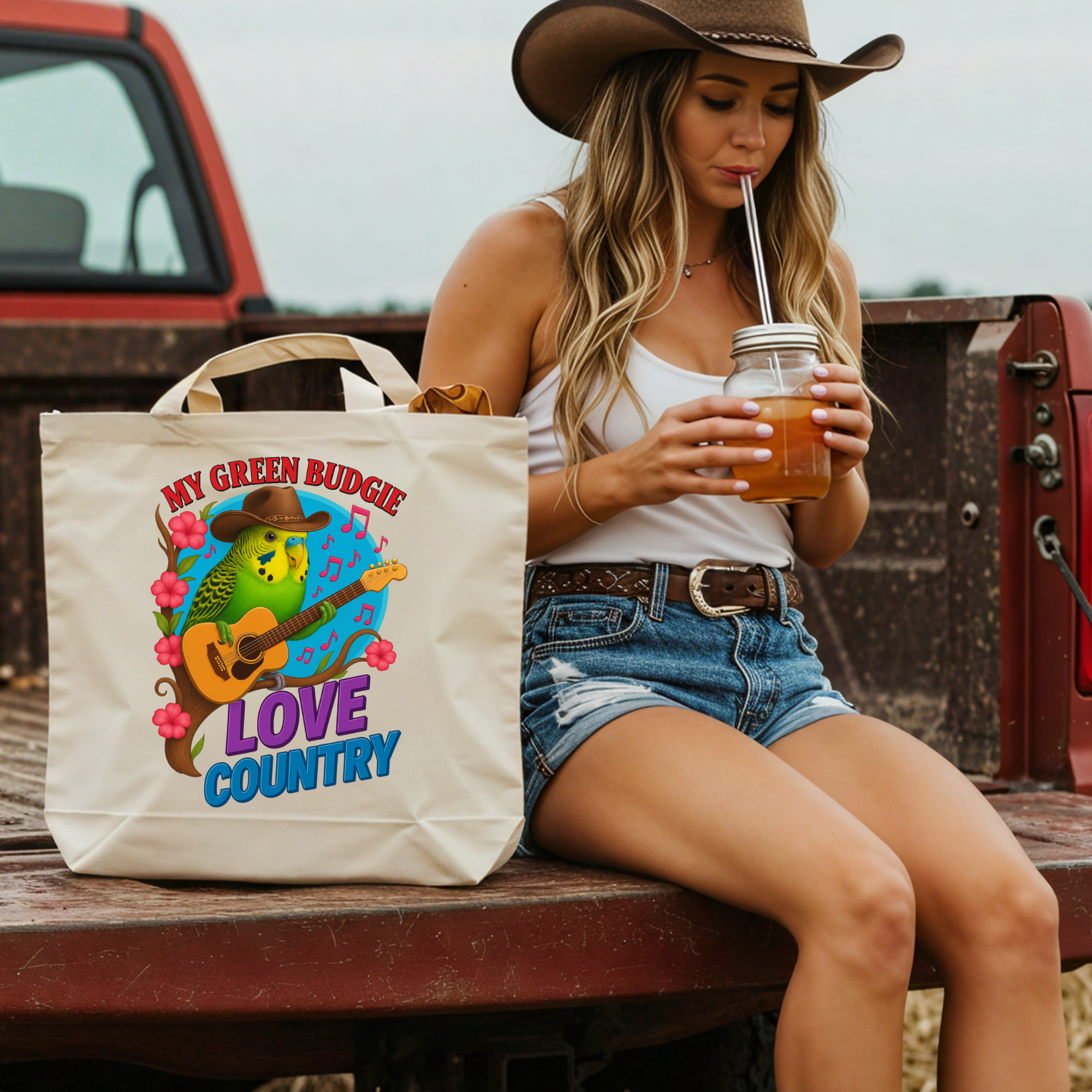 Green Budgie Love Country Tote Bag