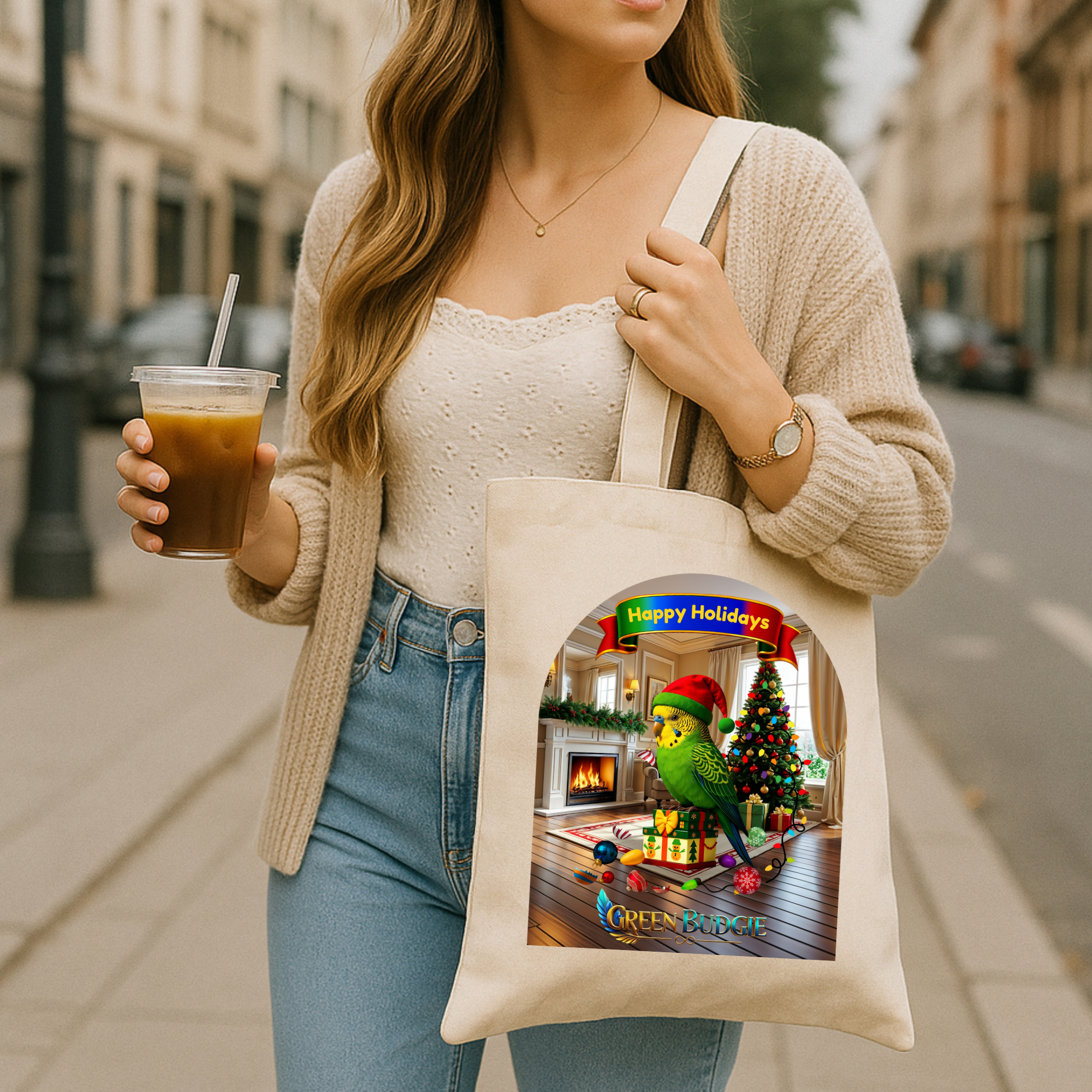 Happy Holidays Green Budgie Tote Bag