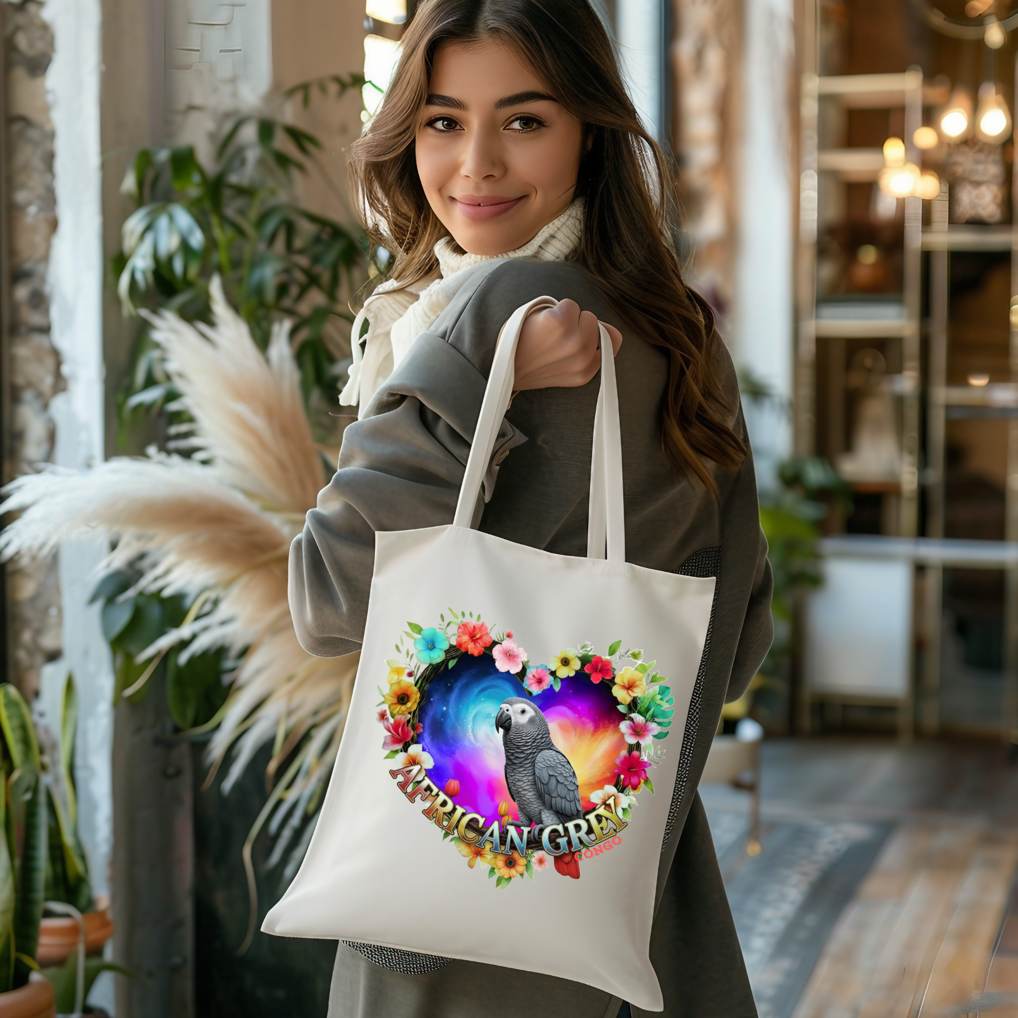 Floral African Grey Congo Tote Bag