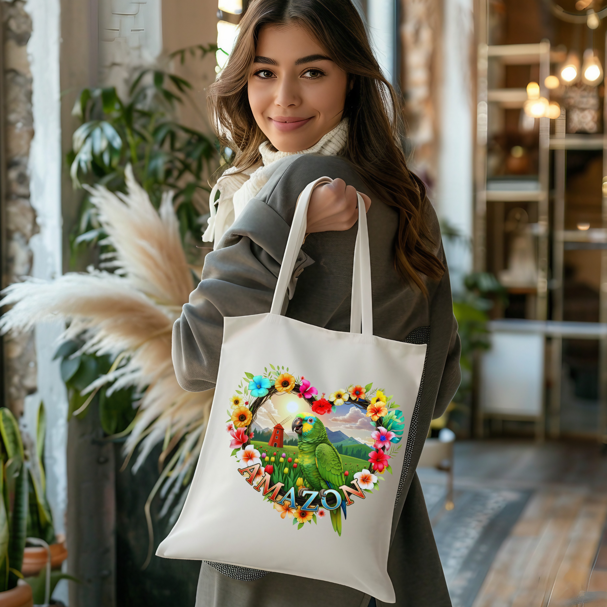 Floral Amazon Parrot Tote Bag