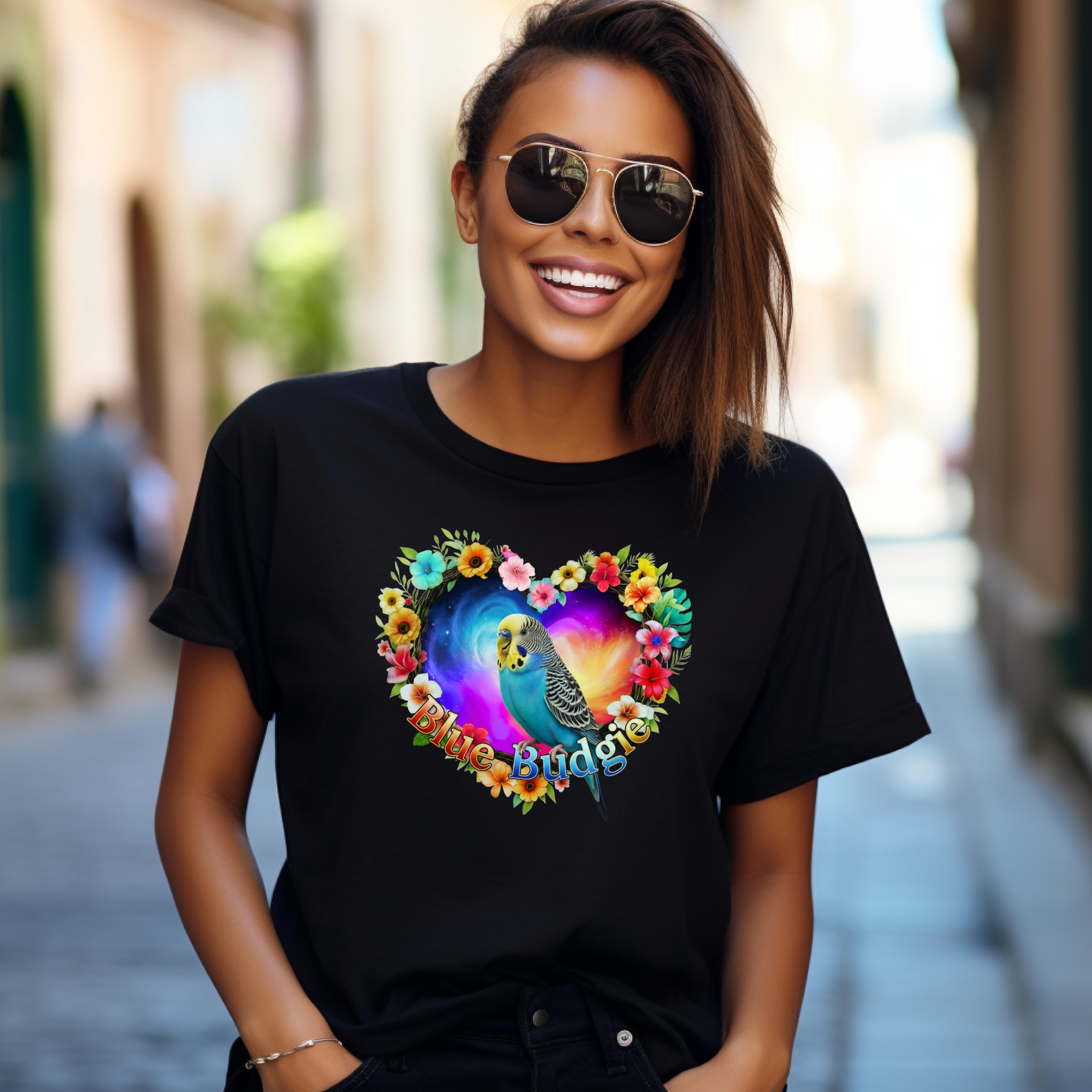 Blue Budgie Floral Heart T‑Shirt
