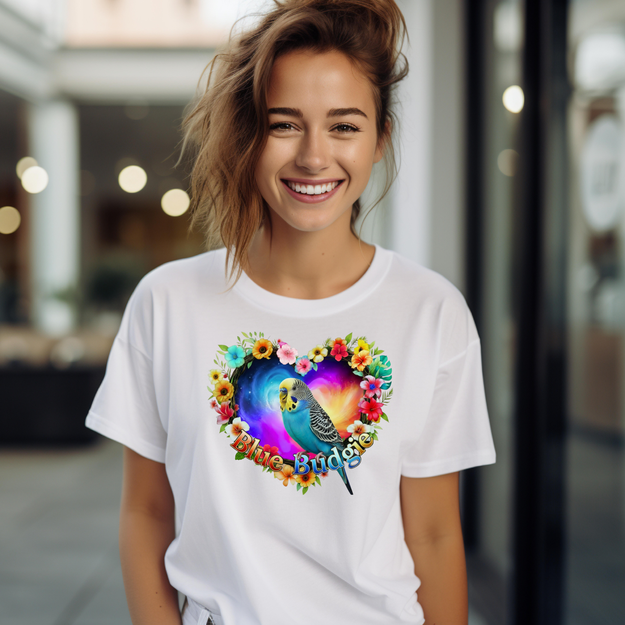 Blue Budgie Floral Heart T‑Shirt