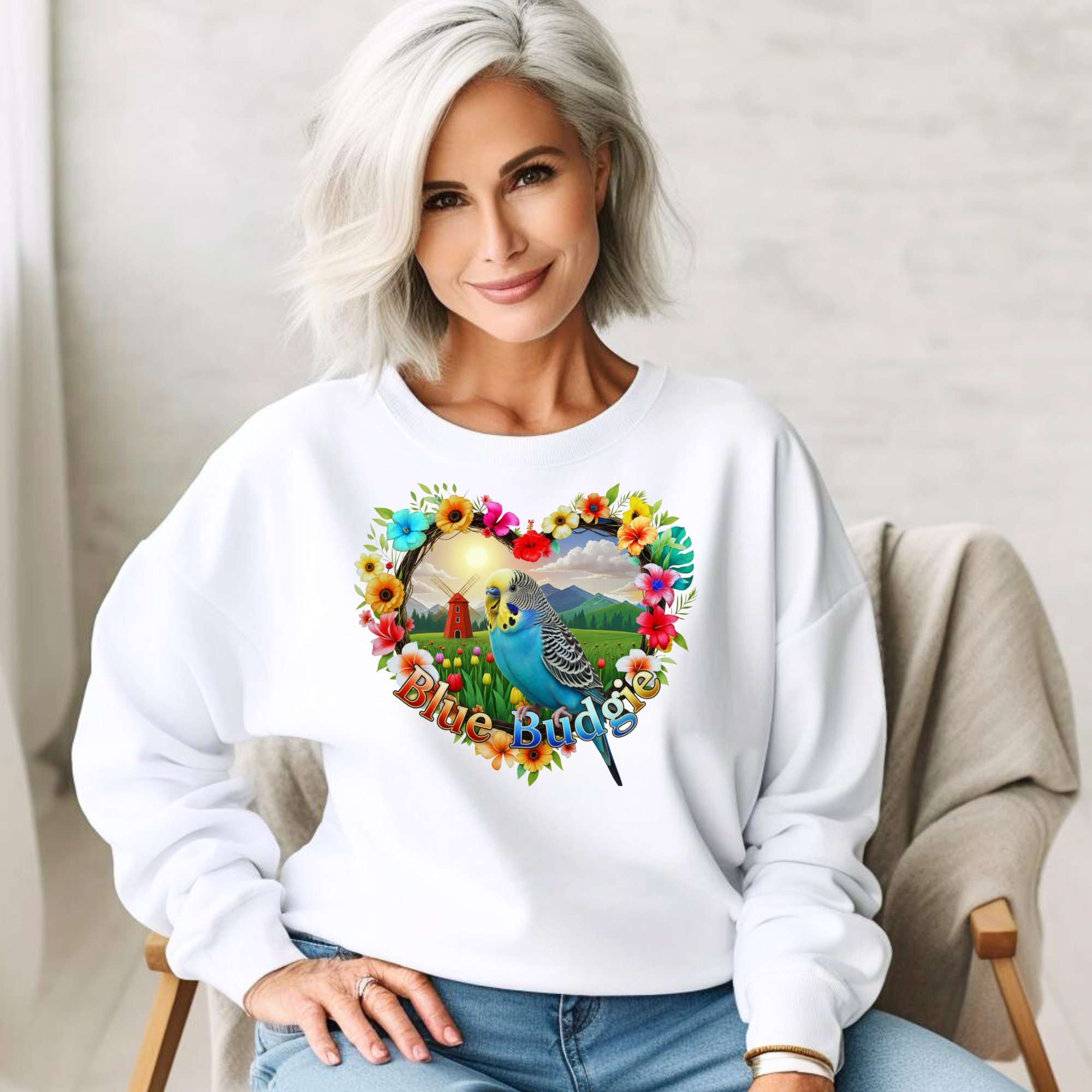 Blue Budgie Garden Scene Sweatshirt