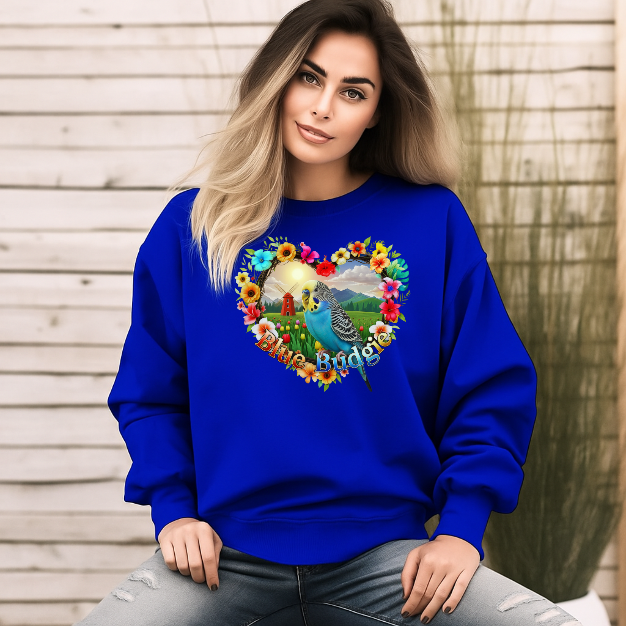 Blue Budgie Garden Scene Sweatshirt