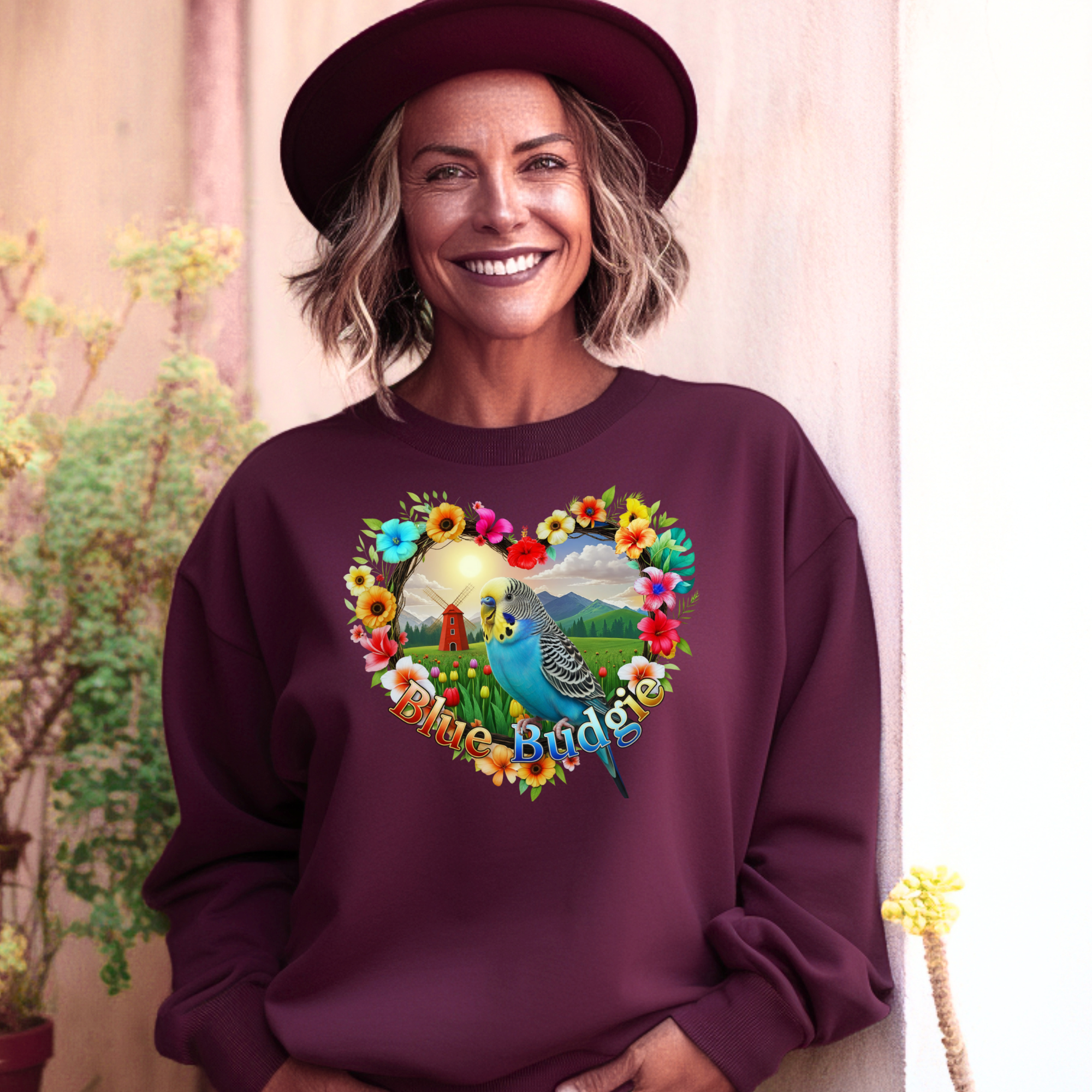 Blue Budgie Garden Scene Sweatshirt