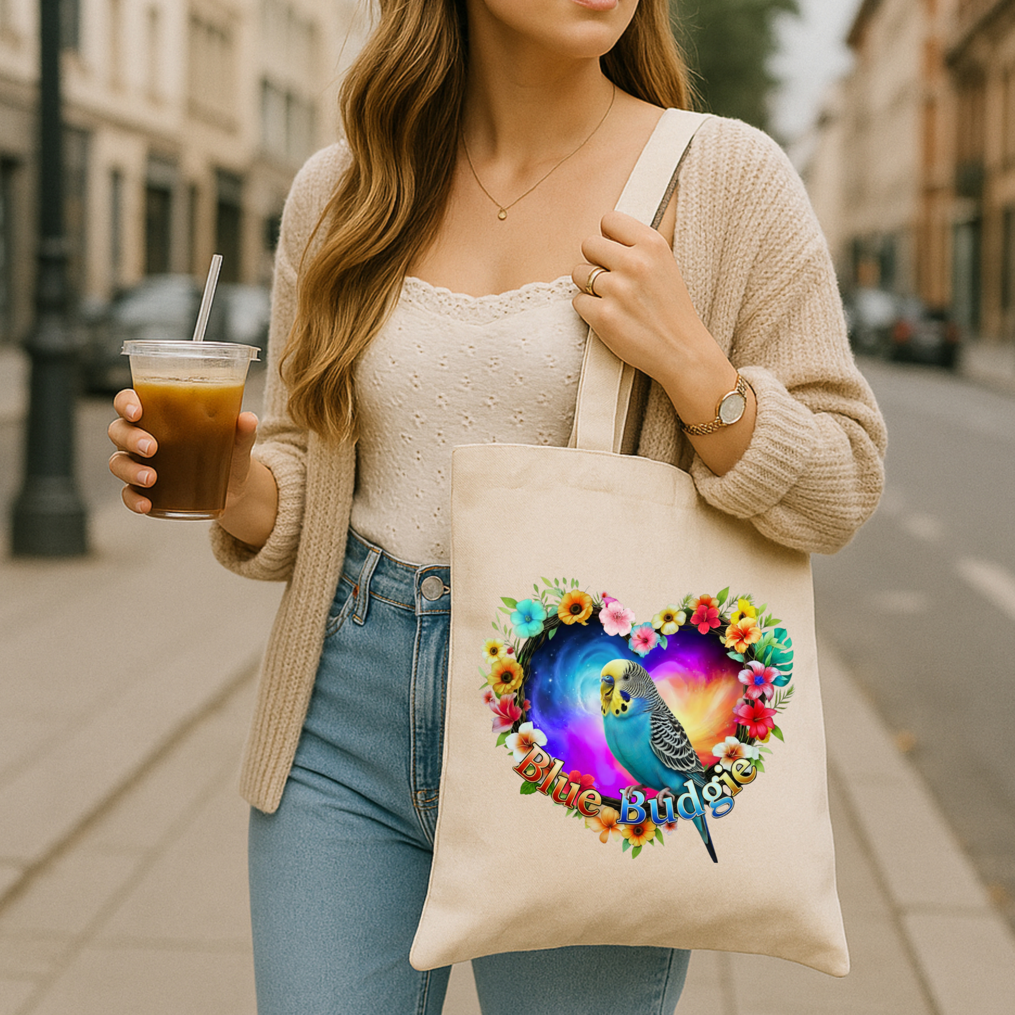 Blue Budgie Floral Heart Tote Bag