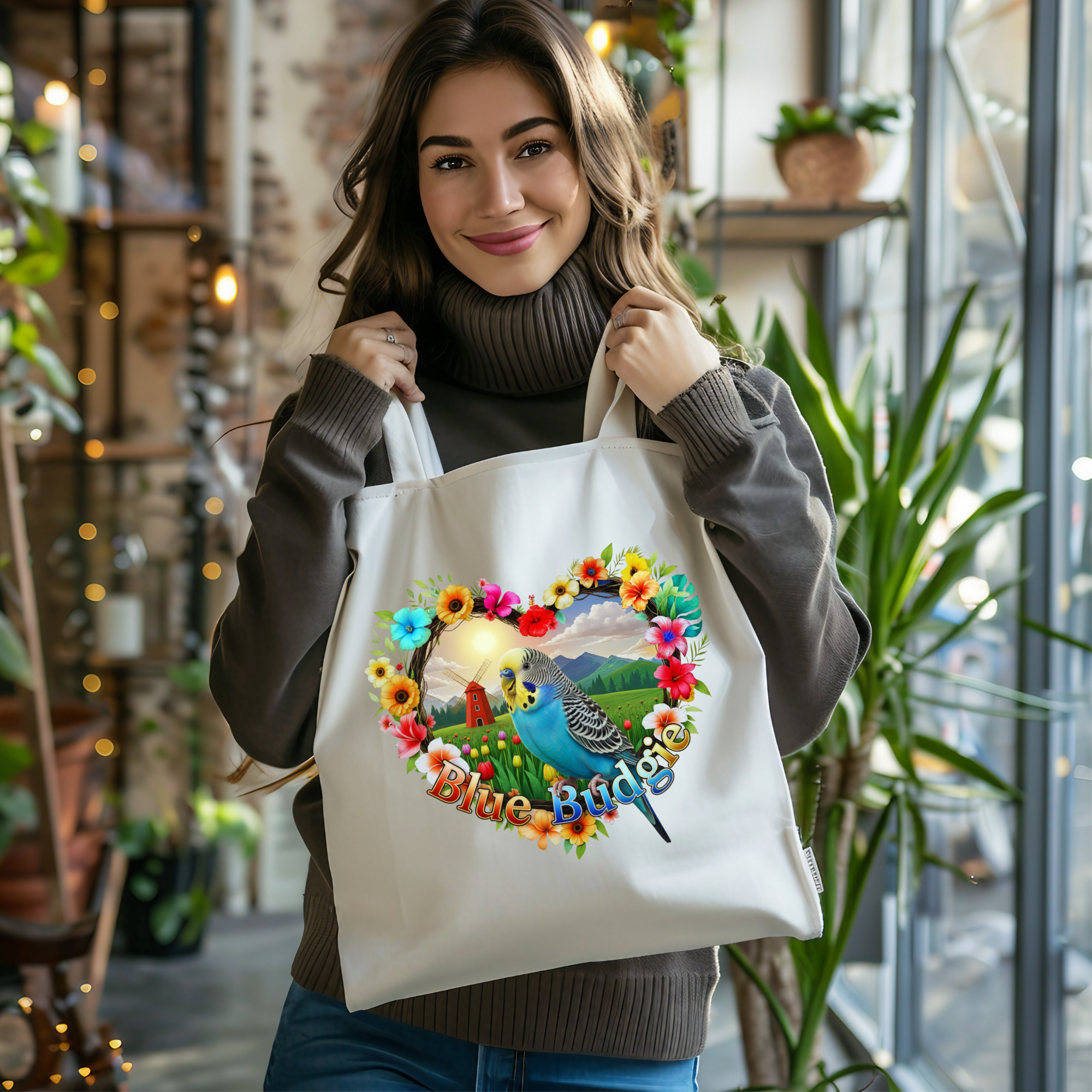 Blue Budgie Garden Scene Tote Bag