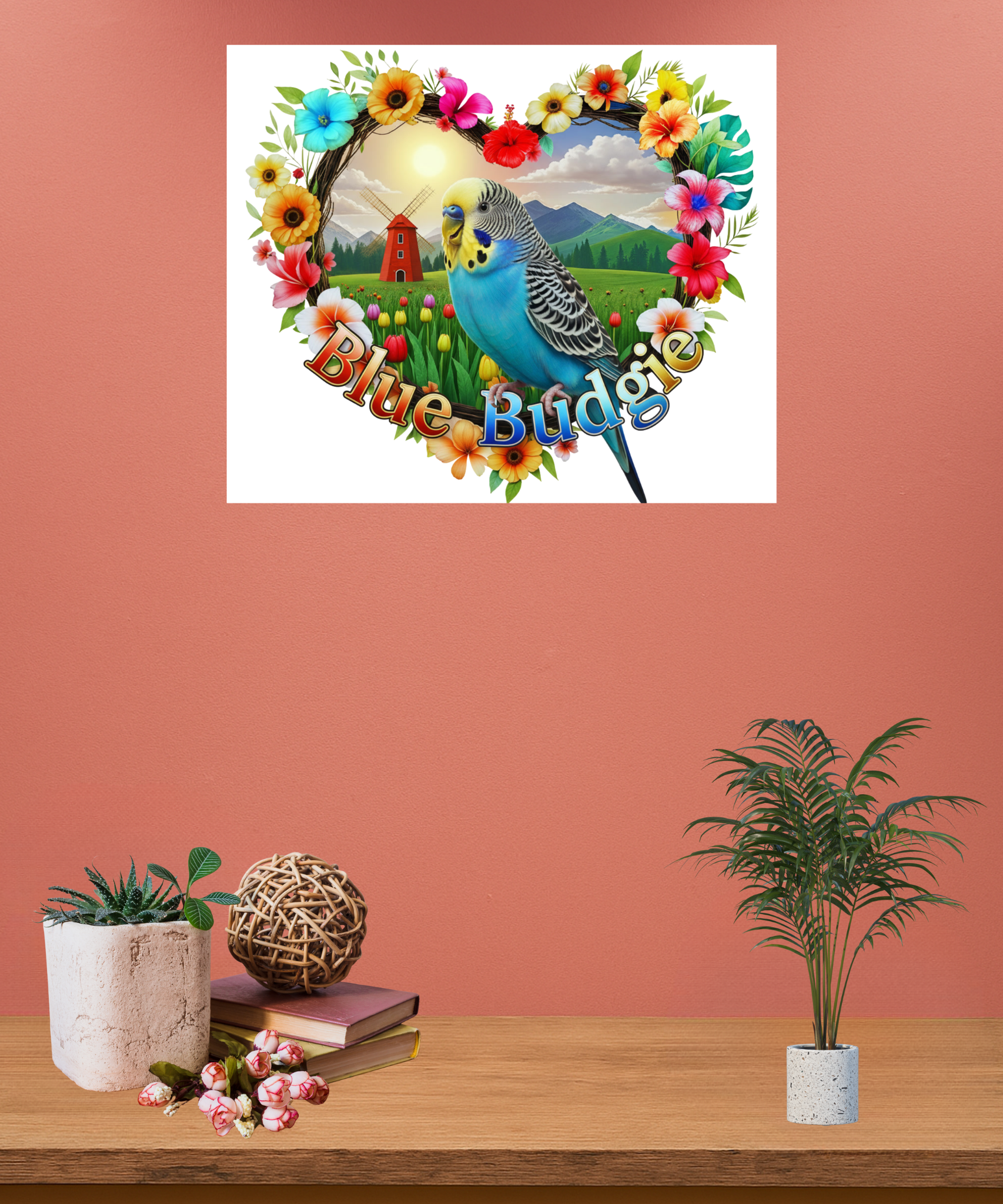 Blue Budgie Floral Heart Wall-Hanging